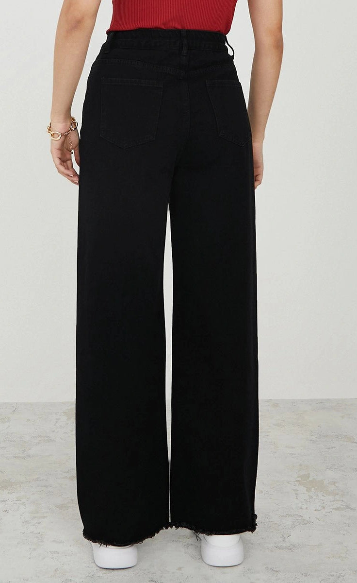 High Rise Frayed Hem Wide Leg Jeans