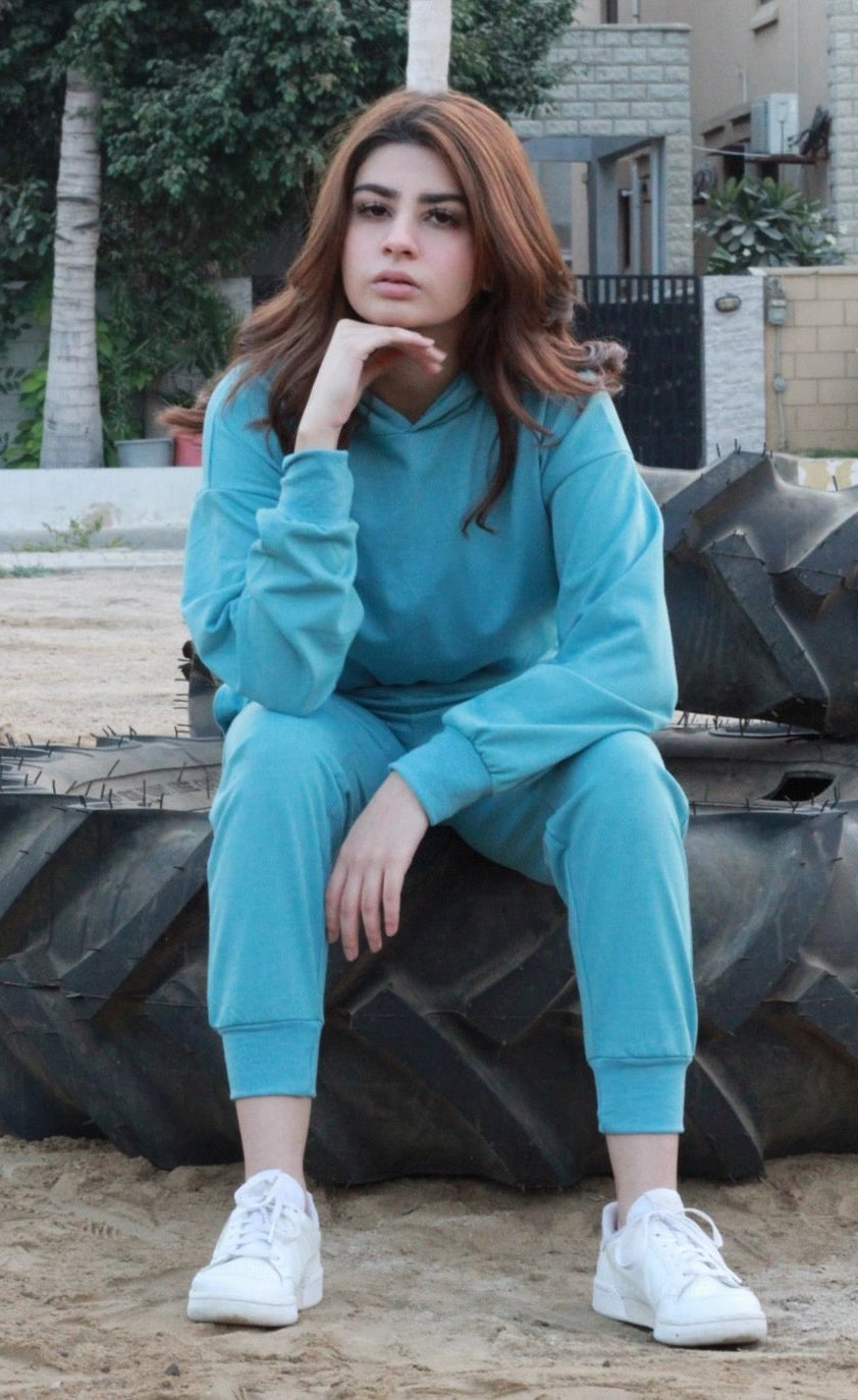Hooded Crop Sweatshirt - Turquoise (MINOR FAULT)
