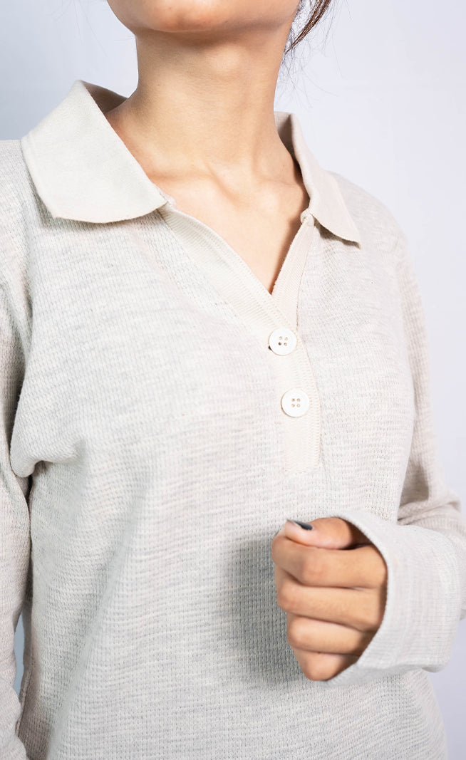 Johnny Collar Button Ribbed Knit Polo - (Full Sleeves)