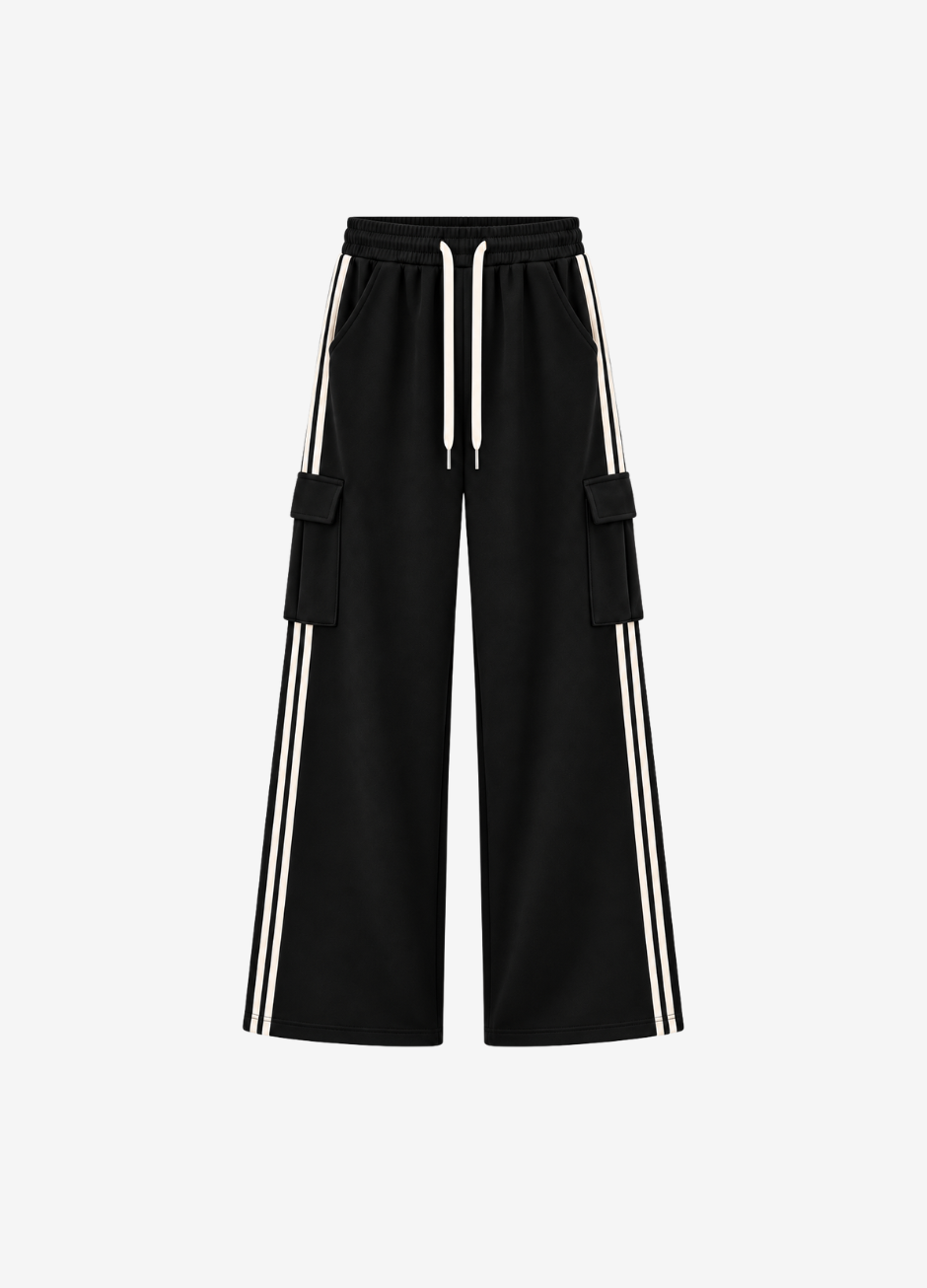 D600 Pure Black Stripe Cargo Wide-Leg Trouser