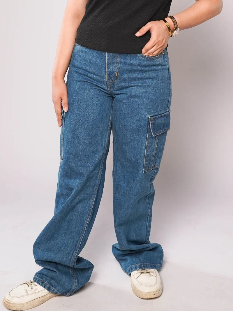 D600 - Medium Blue High Waist Wide Leg Cargo Jeans