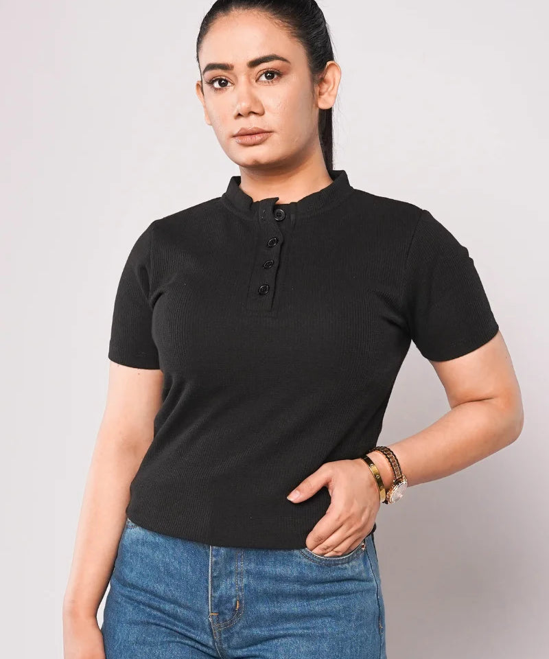 Band Collar Button Ribbed Knit TEE - Black (Short Sleeves)