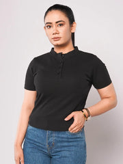 Band Collar Button Ribbed Knit TEE - Black (Short Sleeves)