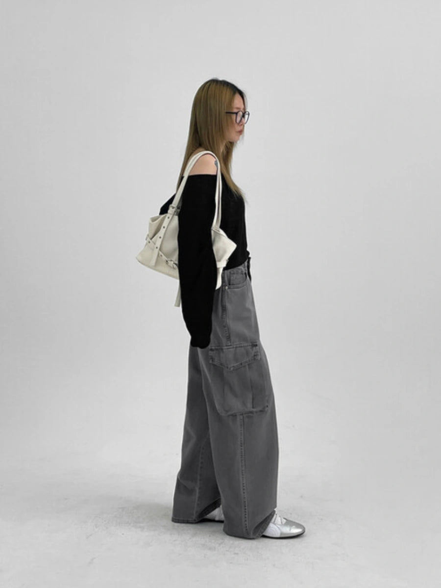Zara Cargo High-Waist Wide-Leg Jeans - Vintage Grey