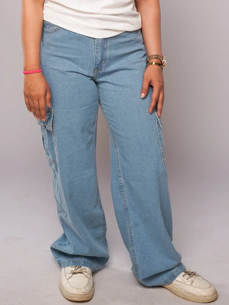 D600 - Ice Blue High Waist Wide Leg Cargo Jeans