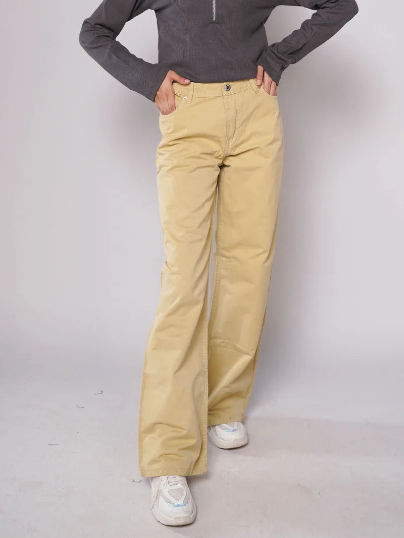 D600 - Khaki High Waist Wide Leg Jeans