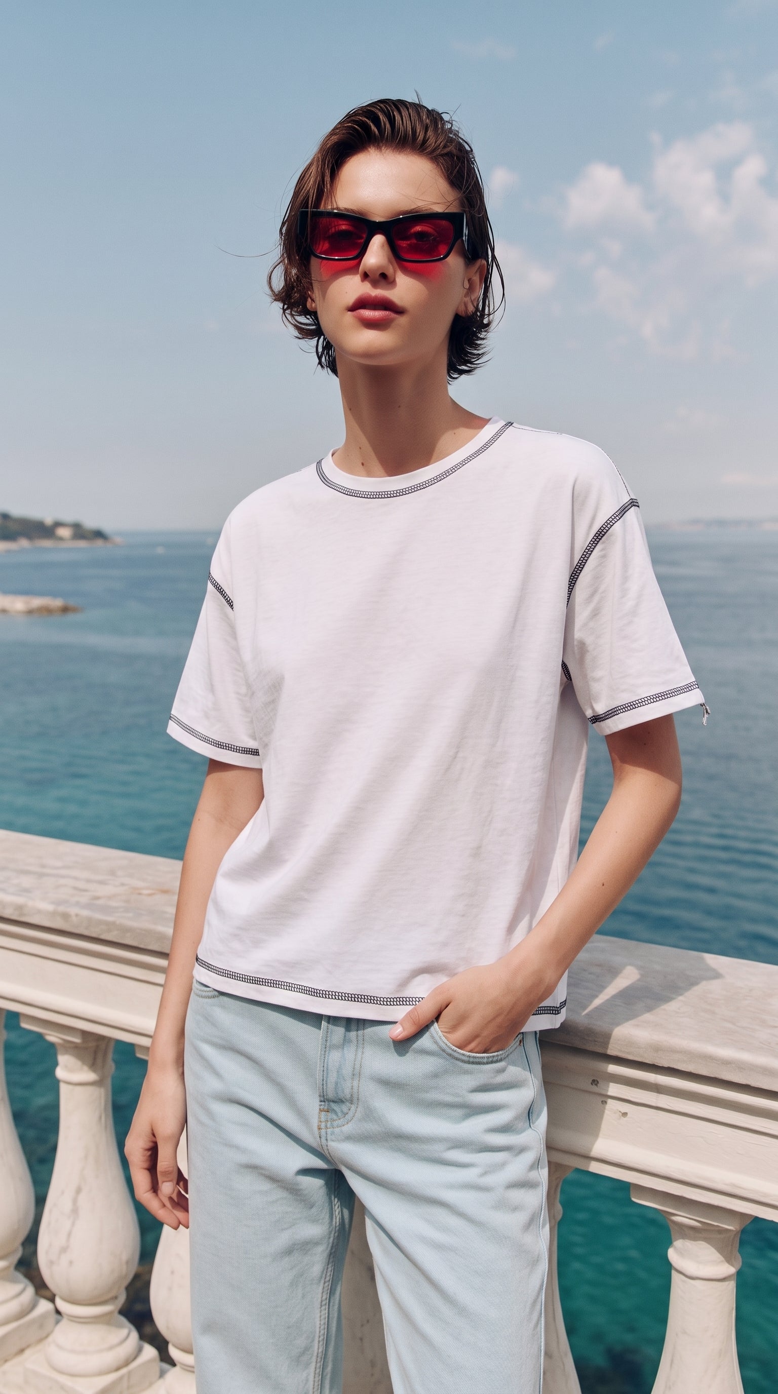 Oversized Contrast Stitch Tee | White