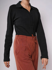 Button Up Ribbed Knit Shirt - Black (Full Sleeves)