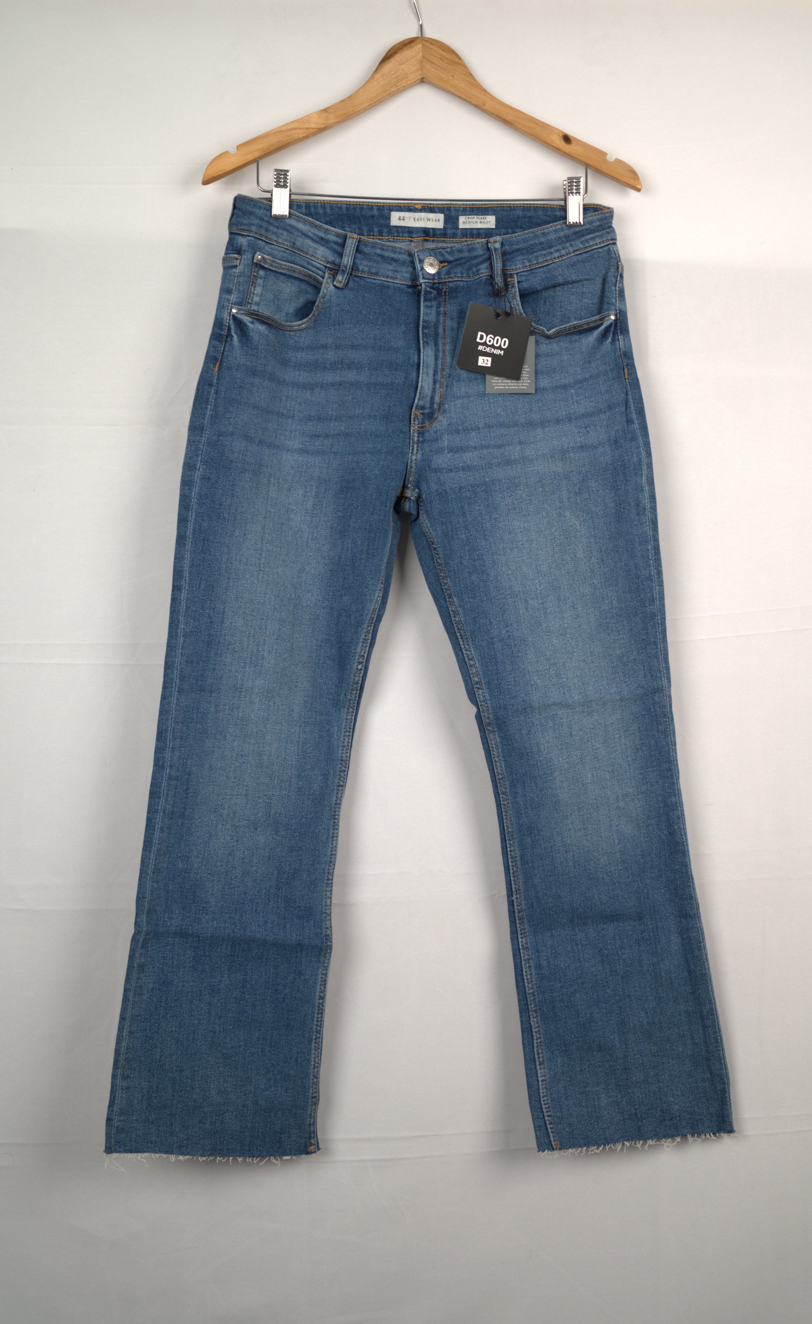 Mid Blue Frayed Hem Flared Jeans