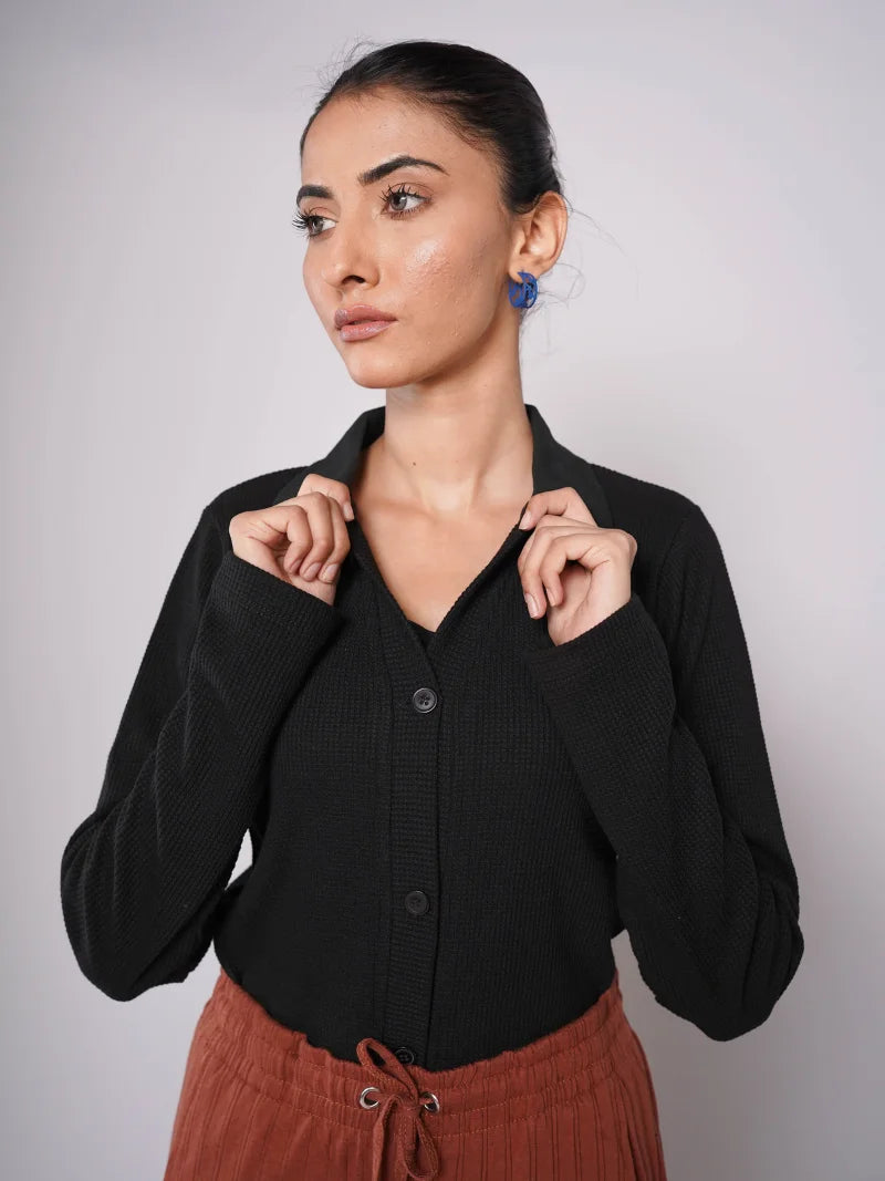 Button Up Ribbed Knit Shirt - Black (Full Sleeves)