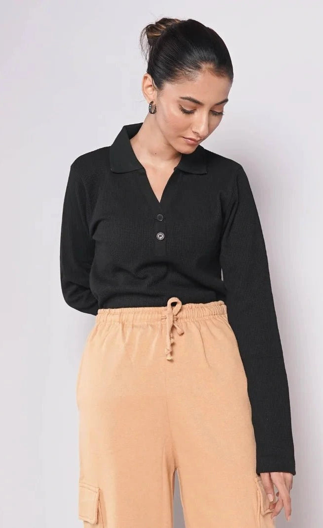 Johnny Collar Button Ribbed Knit Polo - Black (Full Sleeves)