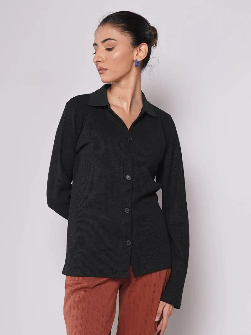 Button Up Ribbed Knit Shirt - Black (Full Sleeves)