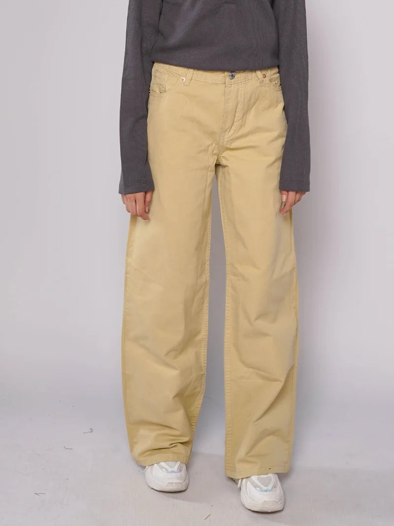 D600 - Khaki High Waist Wide Leg Jeans