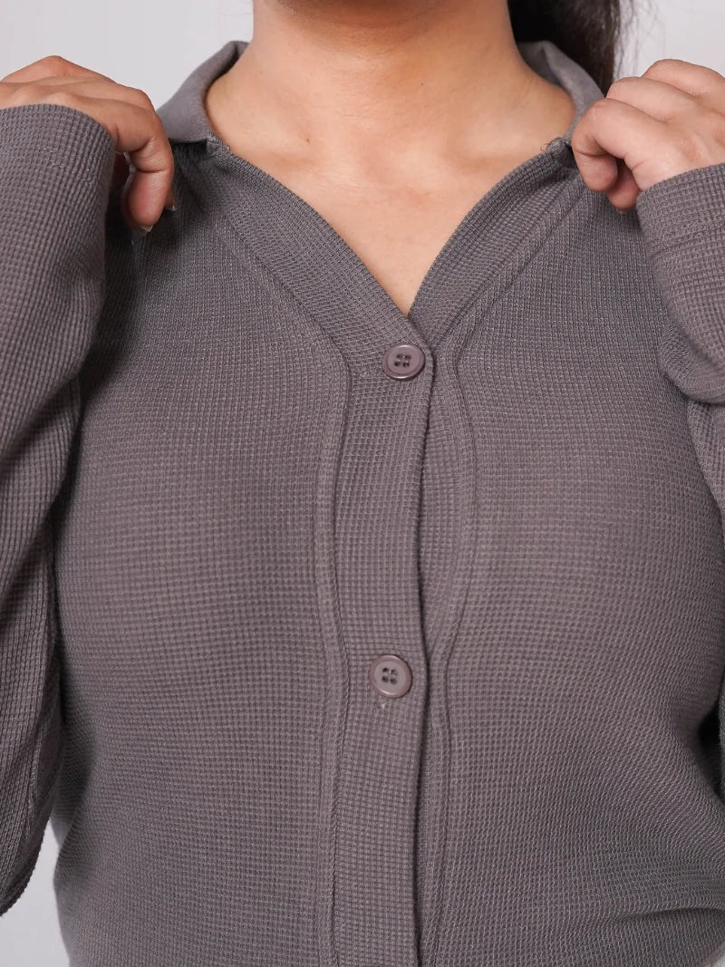 Button Up Ribbed Knit Shirt - Charcoal Grey (Full Sleeves)