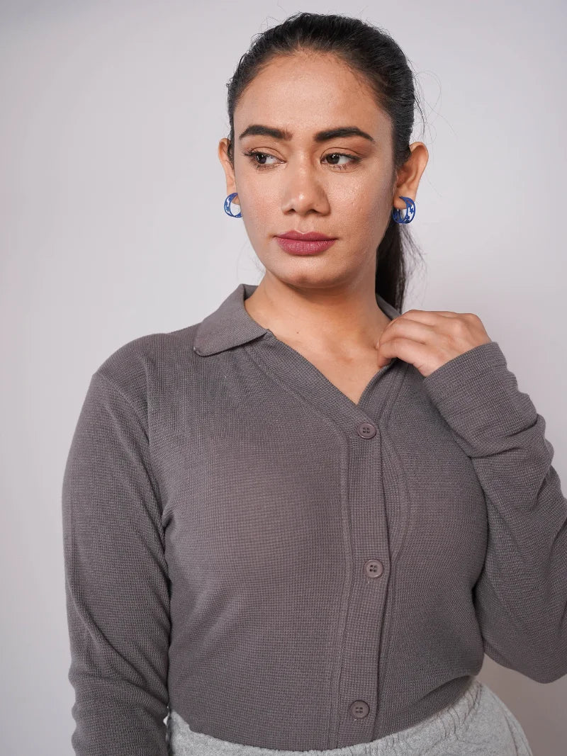 Button Up Ribbed Knit Shirt - Charcoal Grey (Full Sleeves)