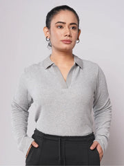 Johnny Collar Ribbed Knit Polo - Grey (Full Sleeves)