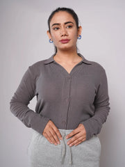 Button Up Ribbed Knit Shirt - Charcoal Grey (Full Sleeves)