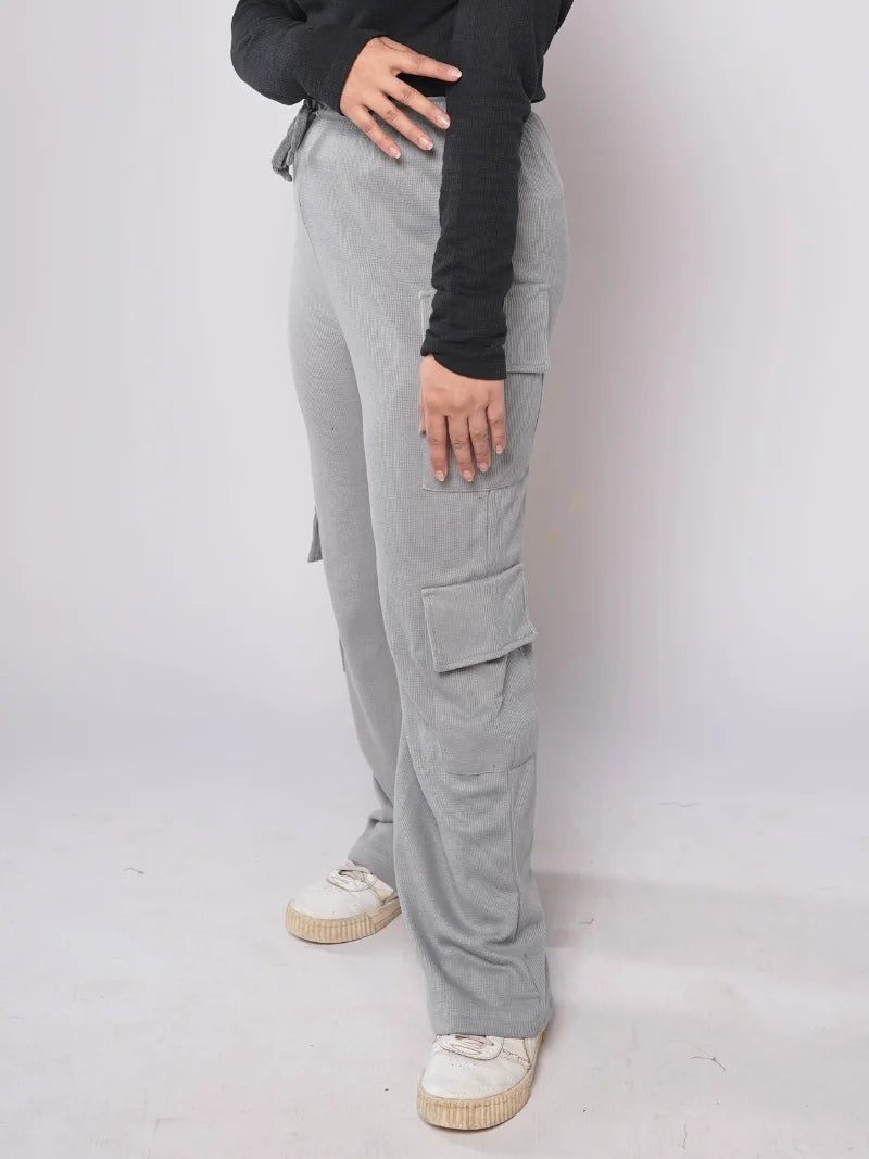 D600 - Grey Wide Leg Double Pocket Cargo Trousers