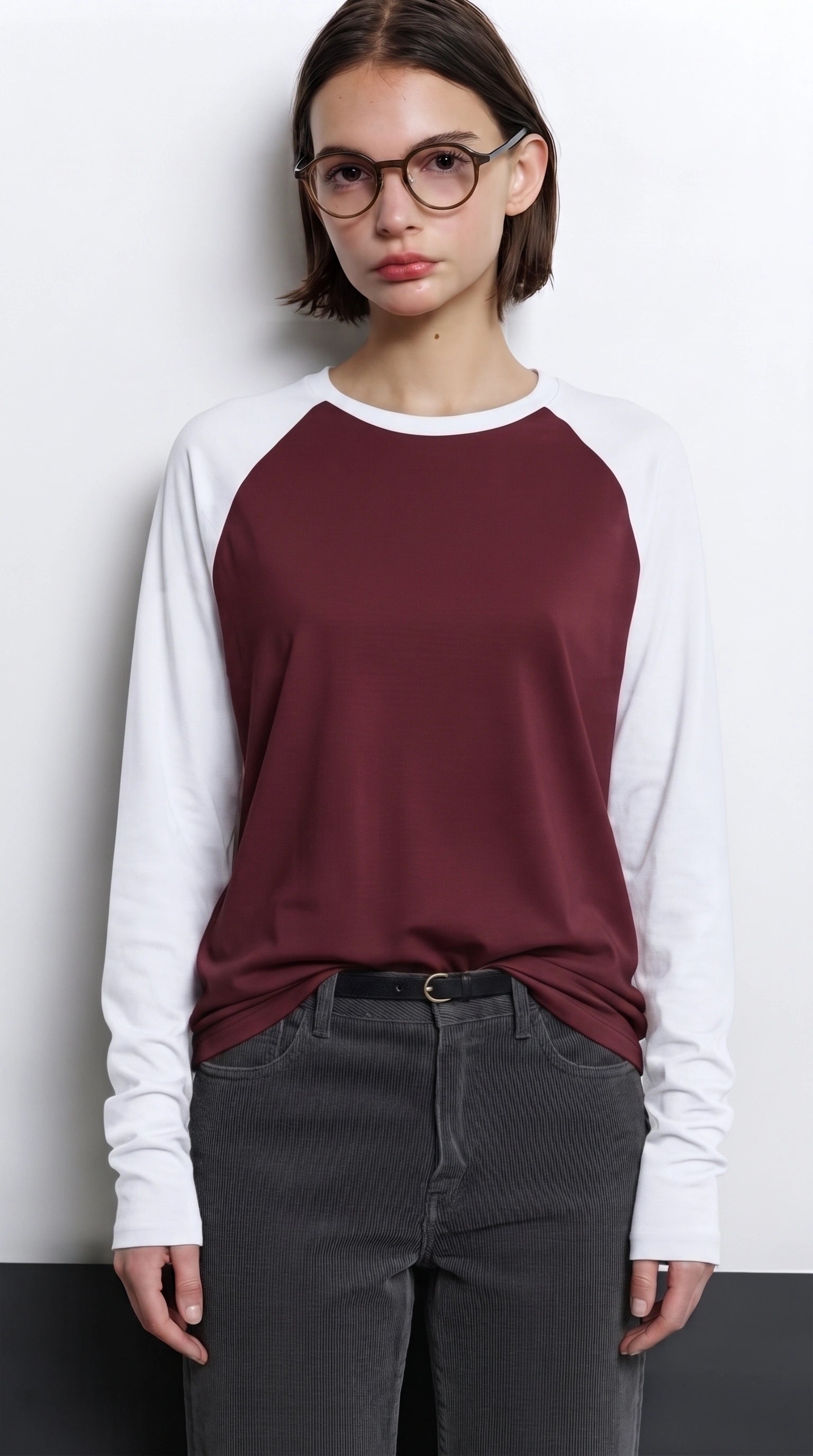 Contrast Raglan Sleeve Top | Maroon/White