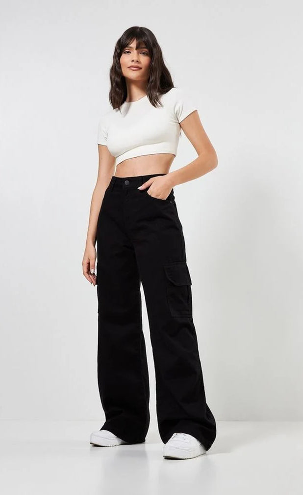 Zara Black Cargo High-Waist Wide-Leg Jeans