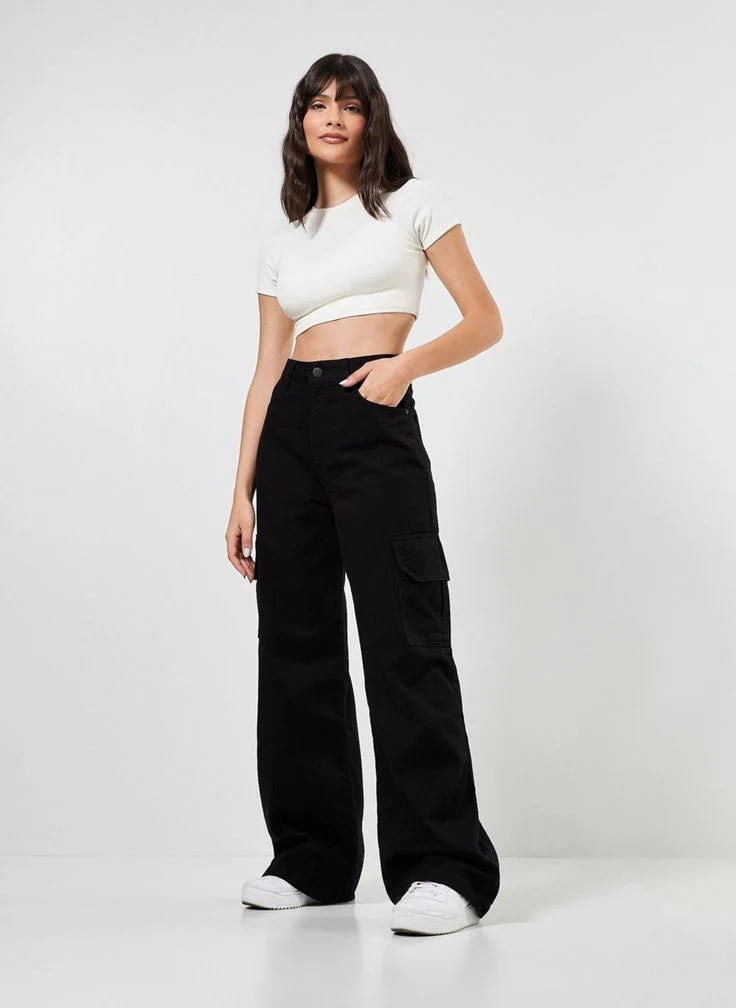 Zara Black Cargo High-Waist Wide-Leg Jeans