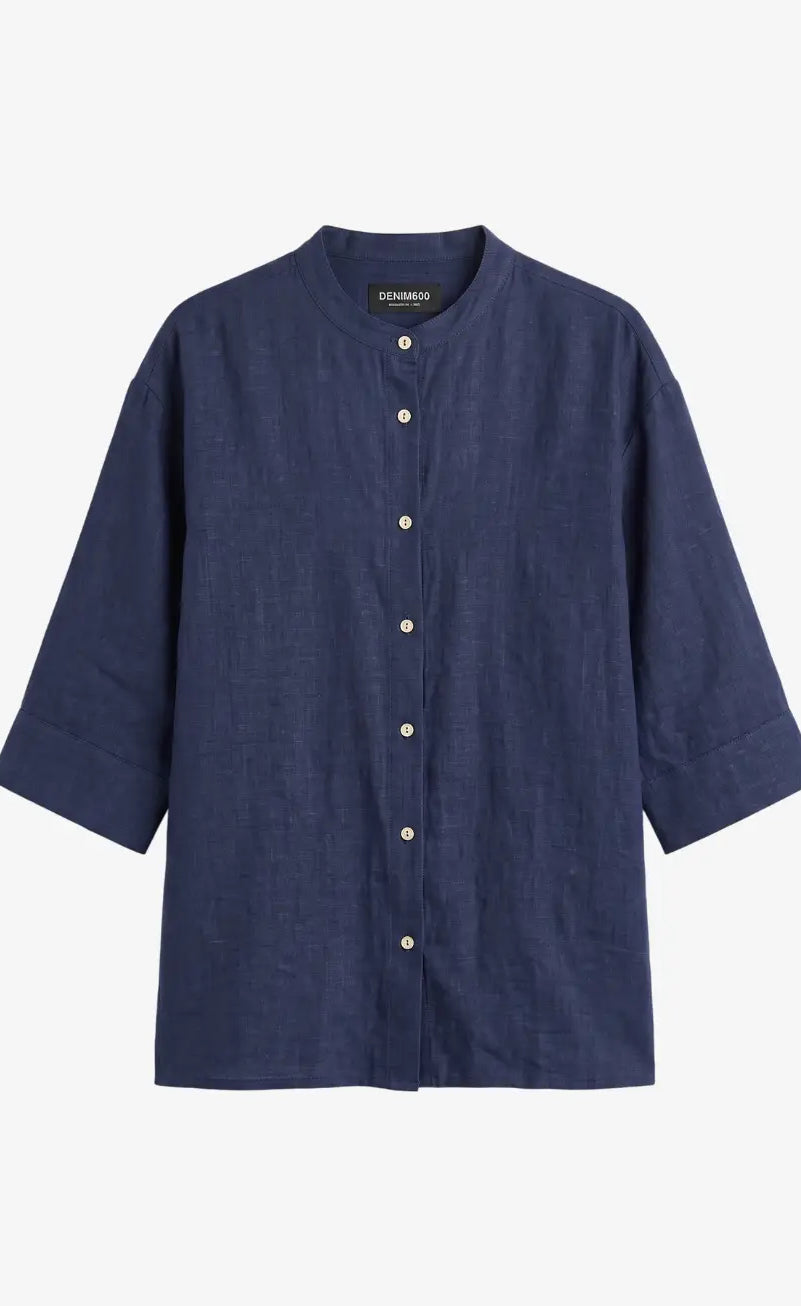 Band Collar Relaxed Fit Shirt - Navy Blue