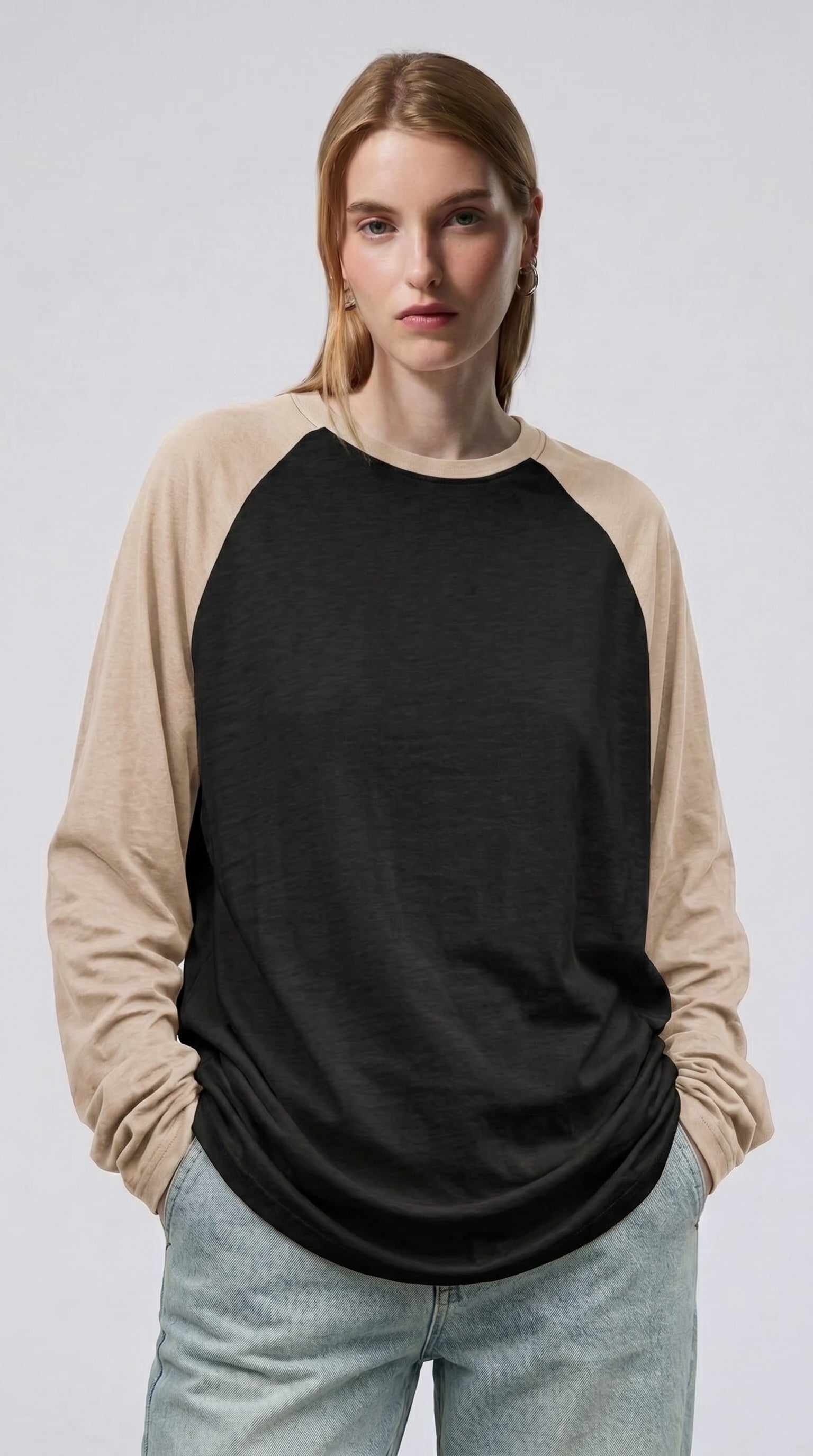 Contrast Raglan Sleeve Top | Black/Beige