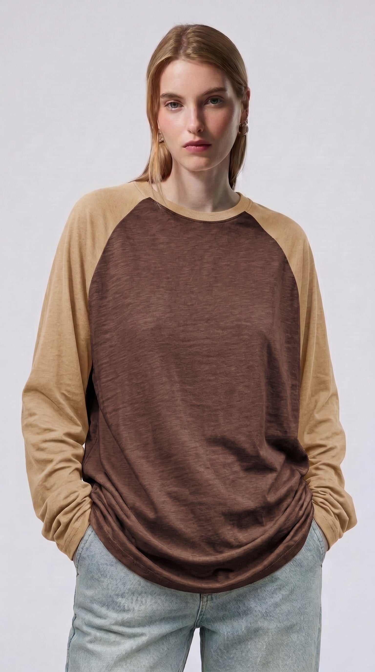 Contrast Raglan Sleeve Top | Brown/Beige
