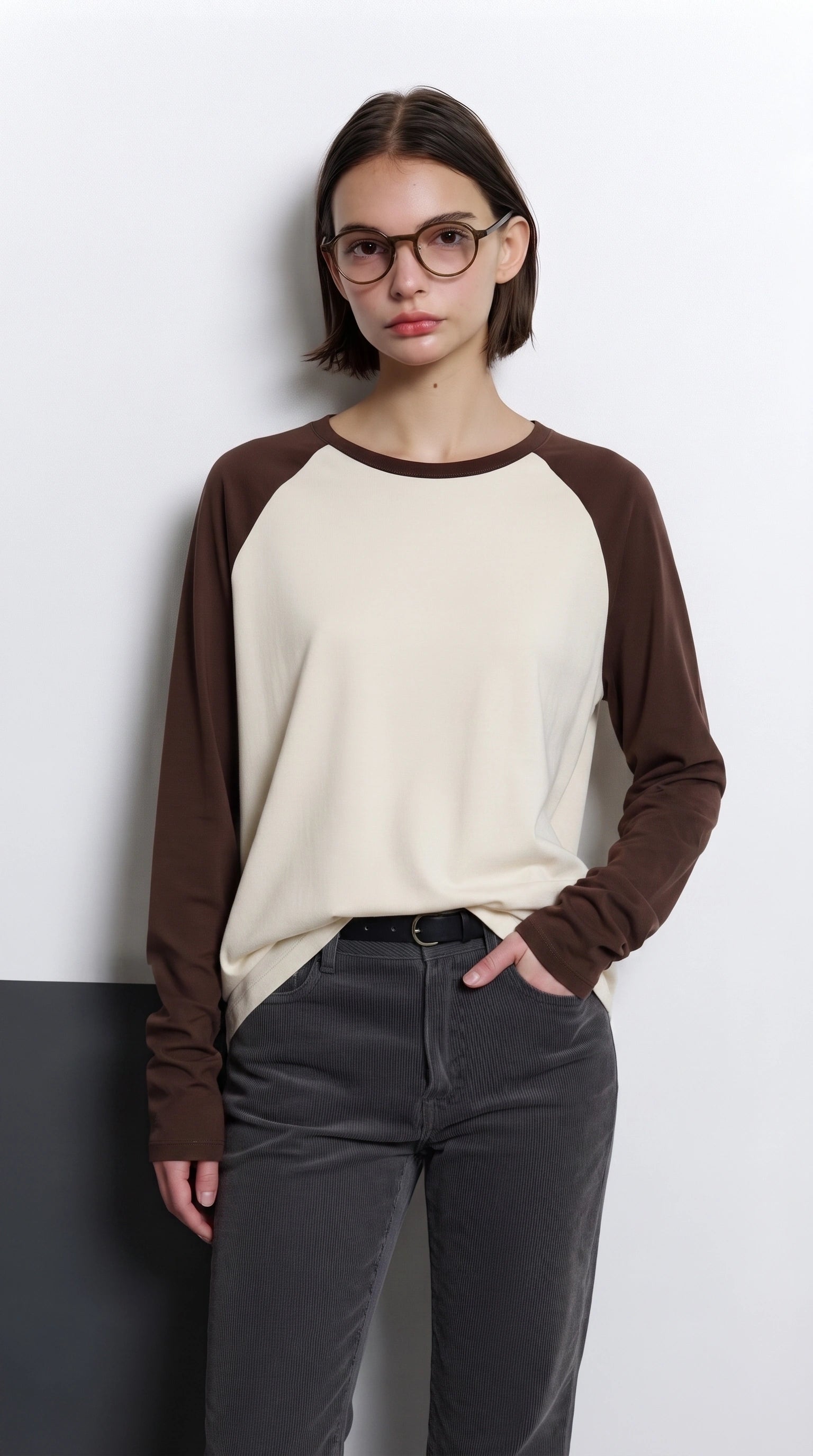 Contrast Raglan Sleeve Top | Beige/Brown