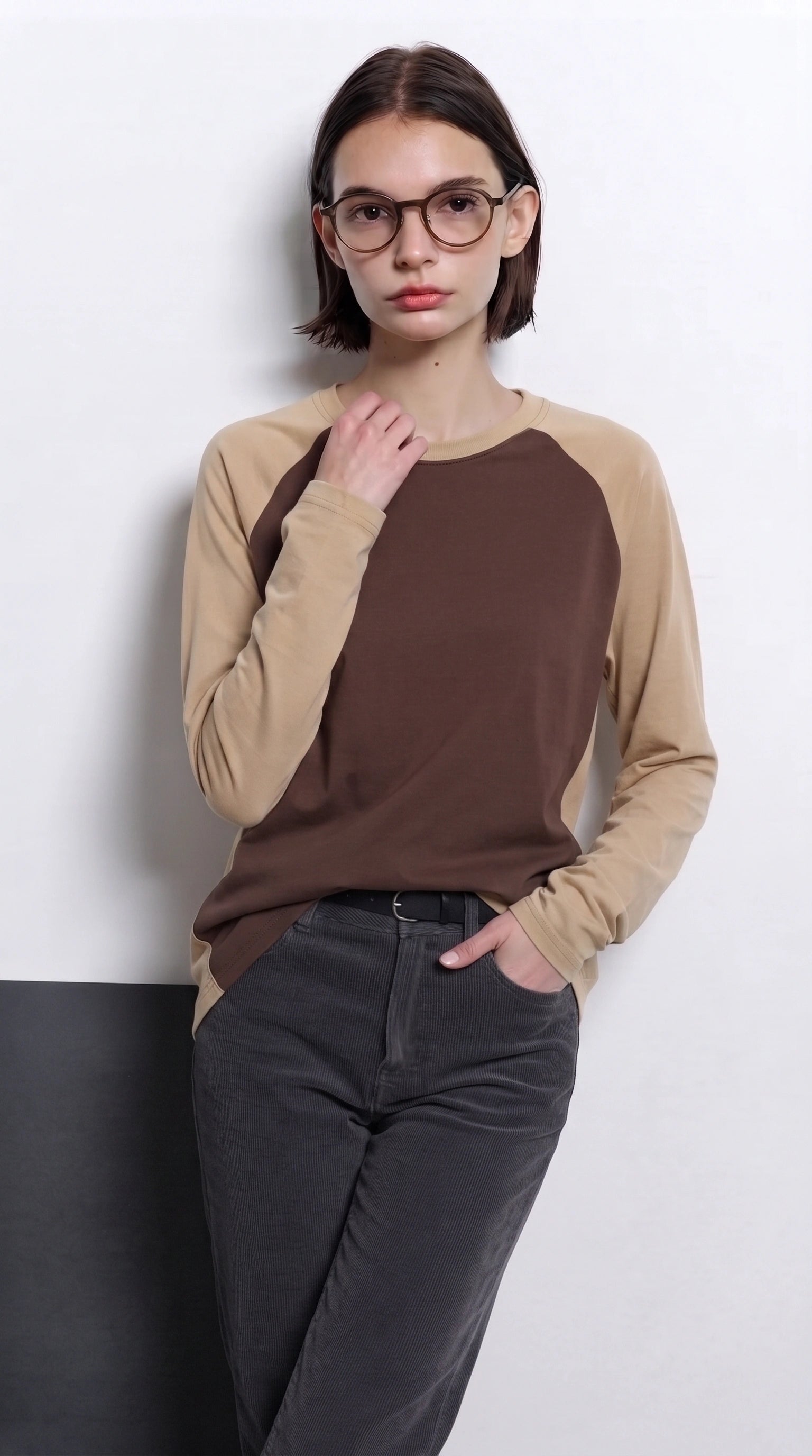 Contrast Raglan Sleeve Top | Brown/Beige
