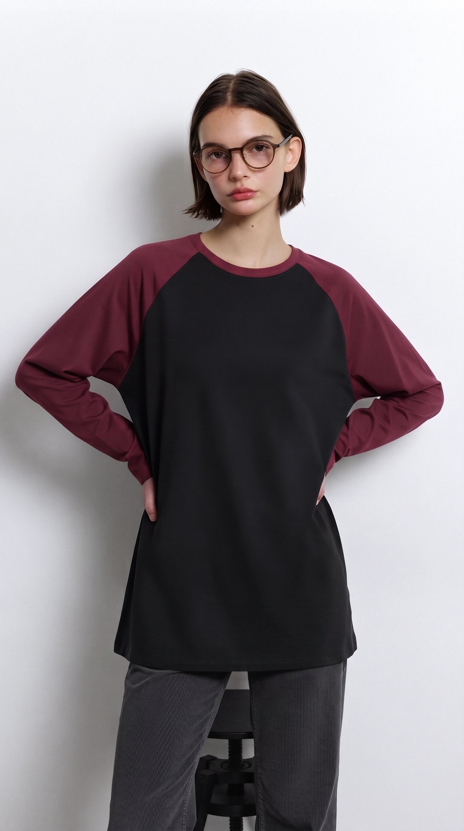 Contrast Raglan Sleeve Top | Black/Maroon