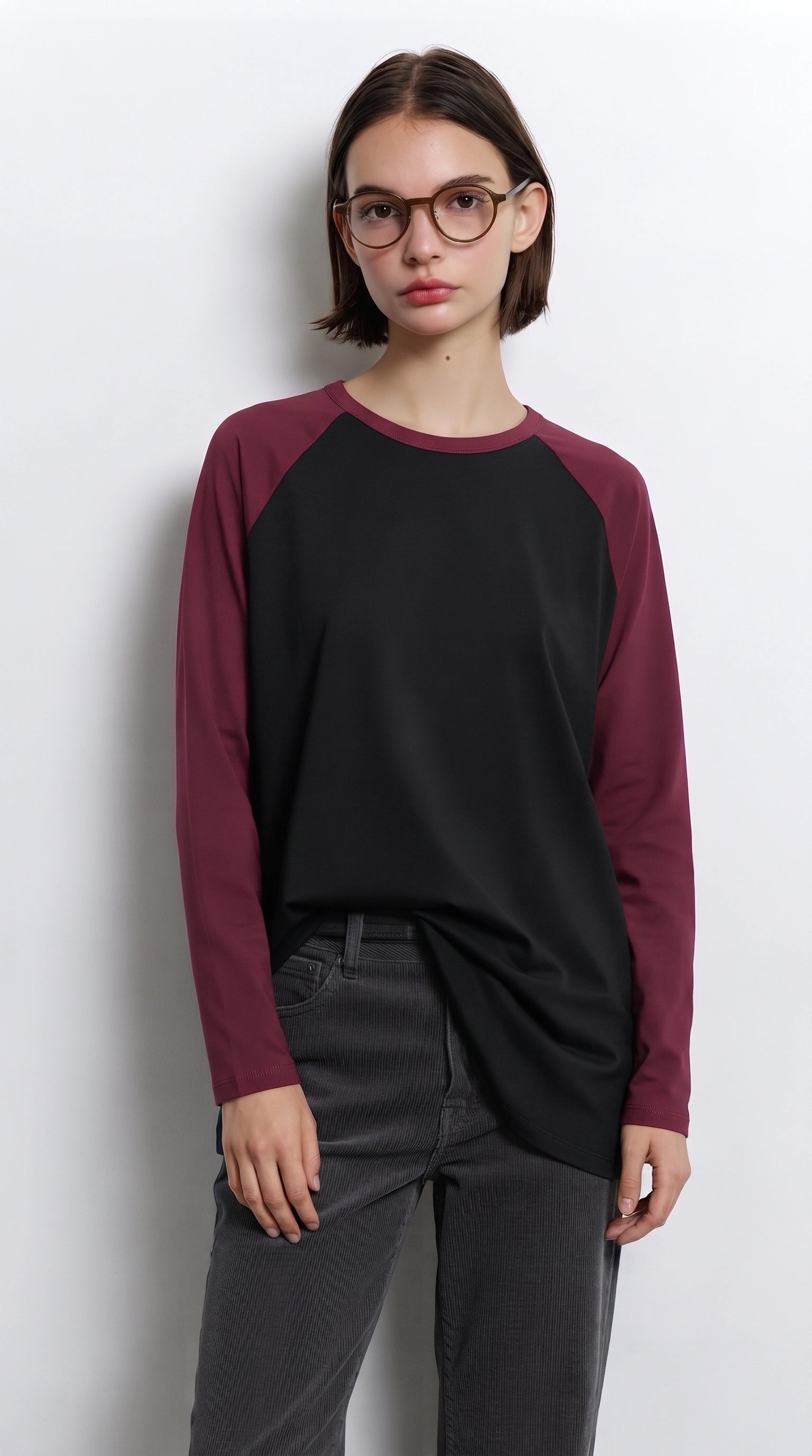 Contrast Raglan Sleeve Top | Black/Maroon