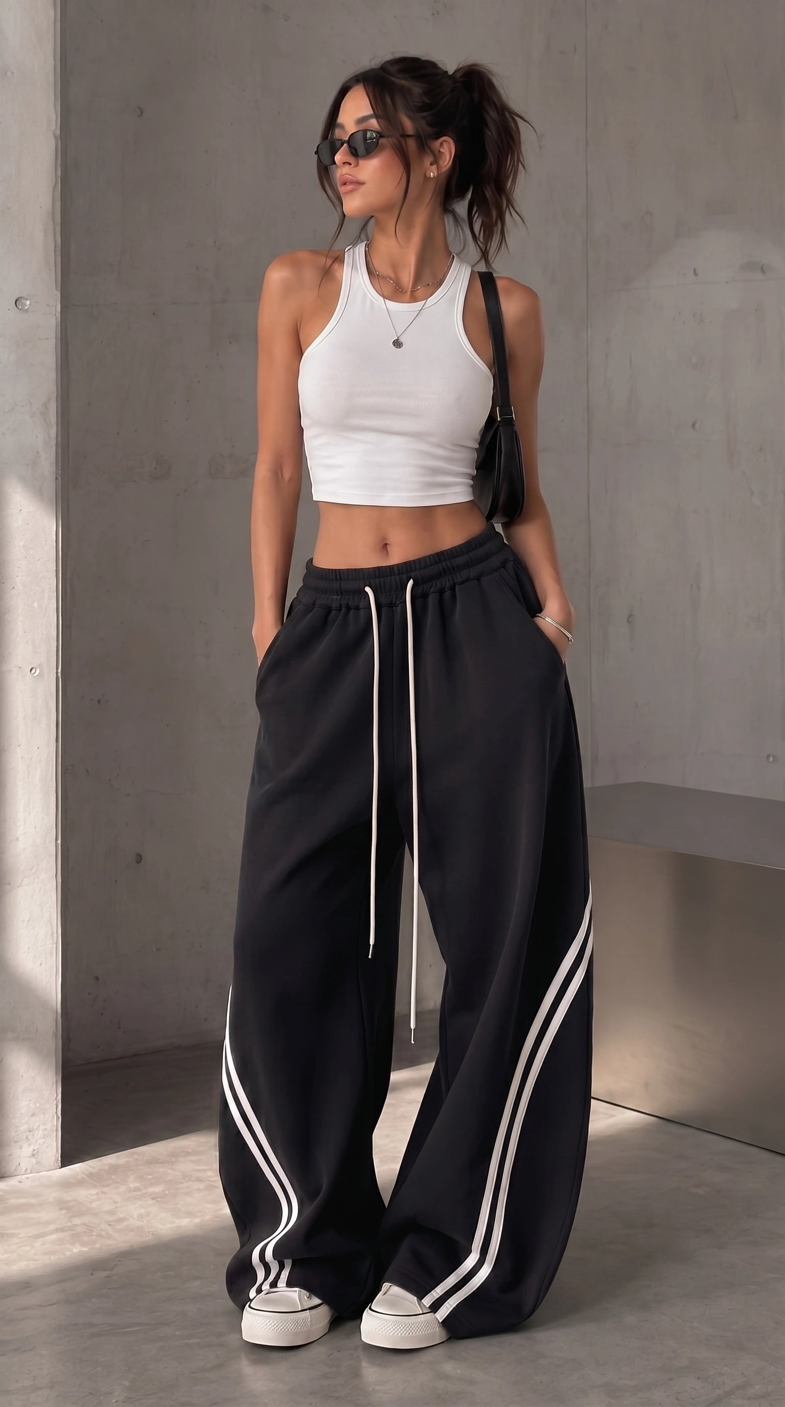 D600 Cross Stripe Wide Leg Trousers | Black