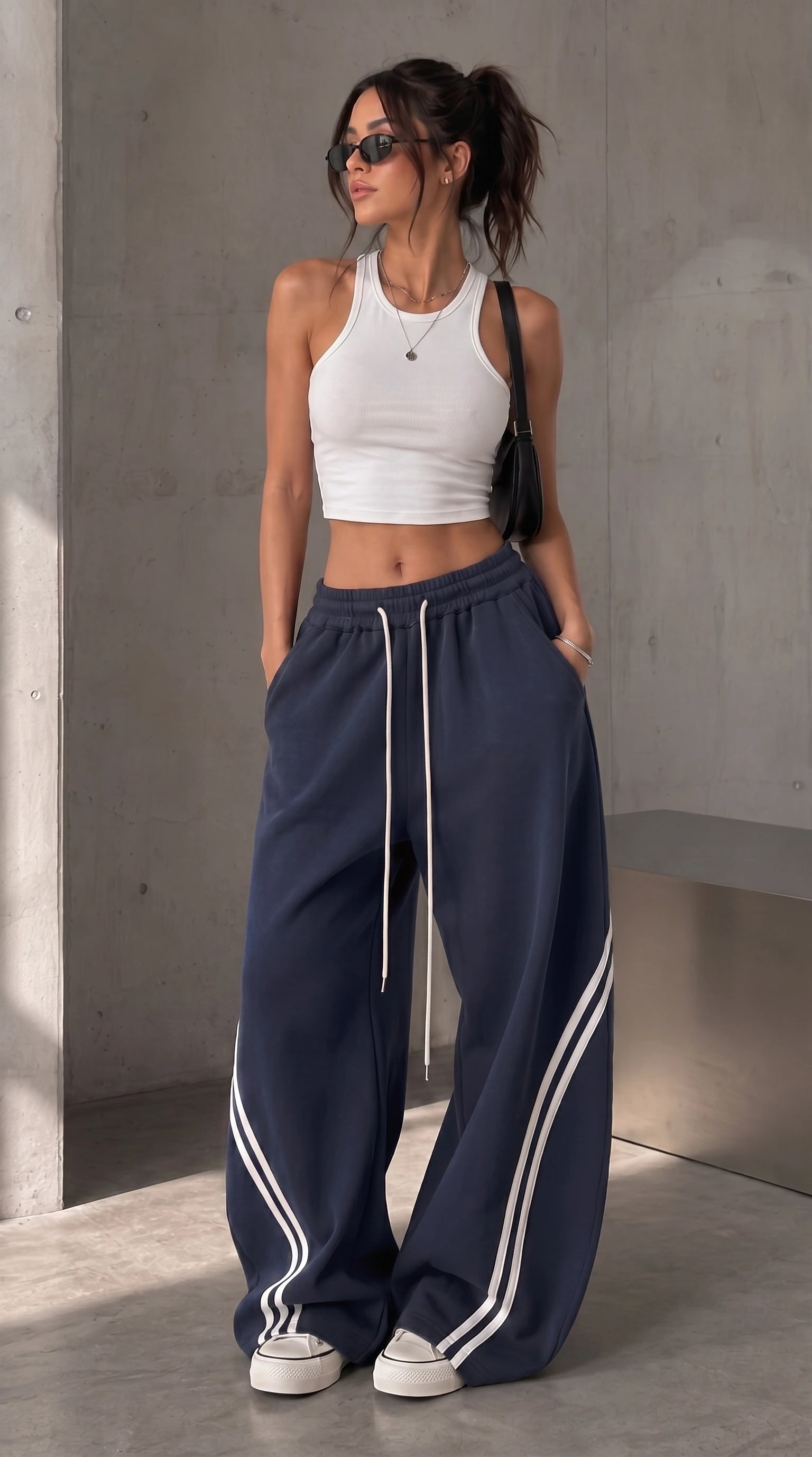 D600 Cross Stripe Wide Leg Trousers | Blue