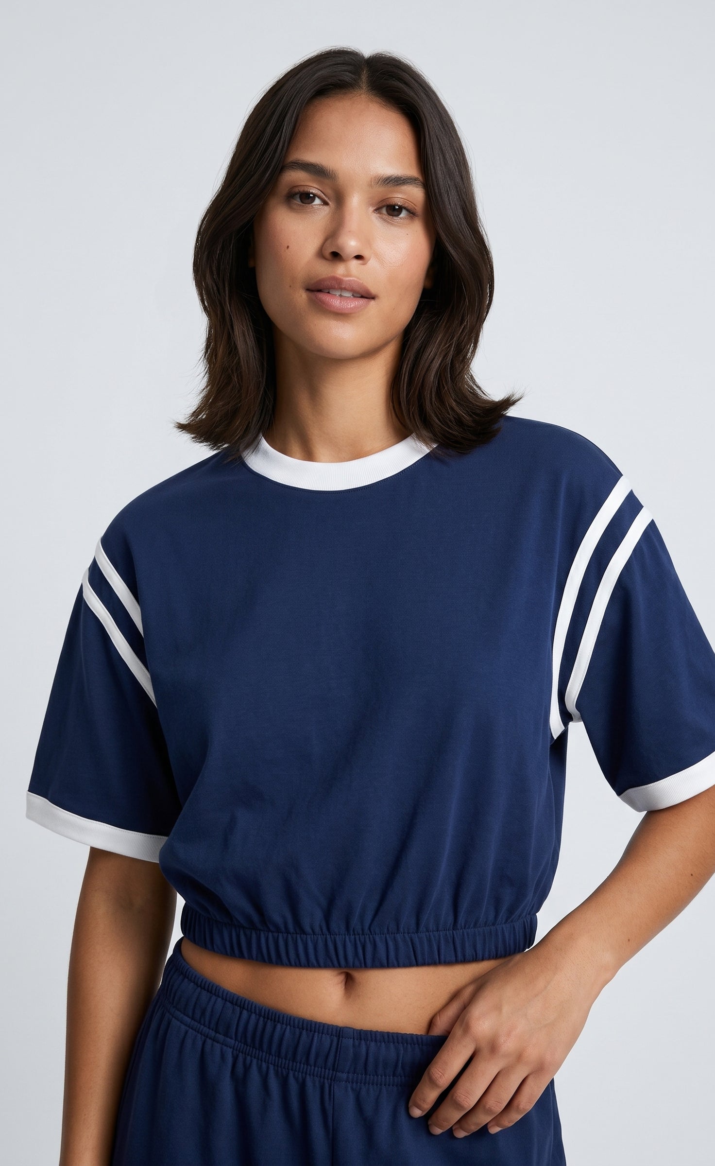 Contrast Stripe Cropped Tee | Navy Blue
