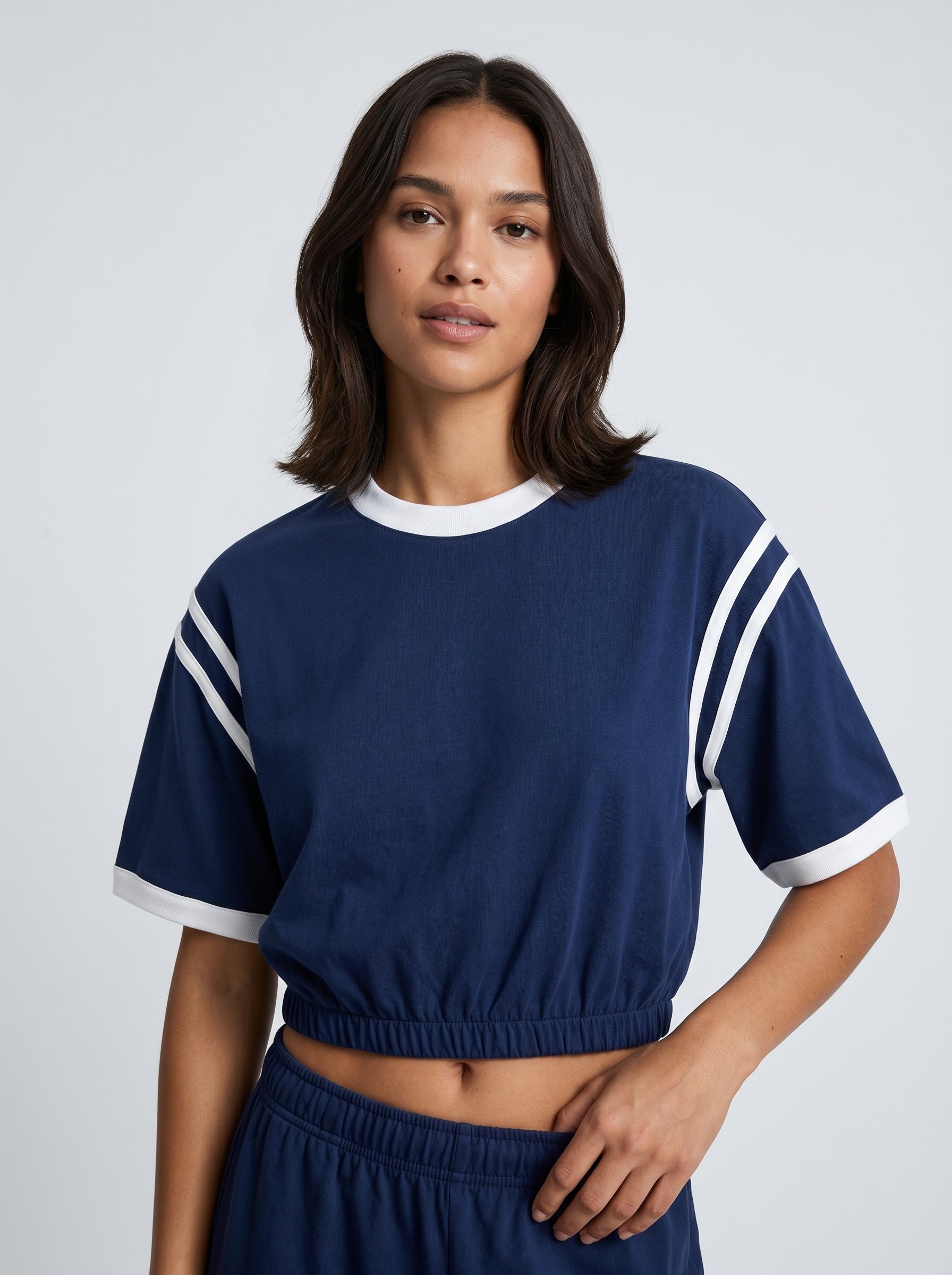 Contrast Stripe Cropped Tee | Navy Blue
