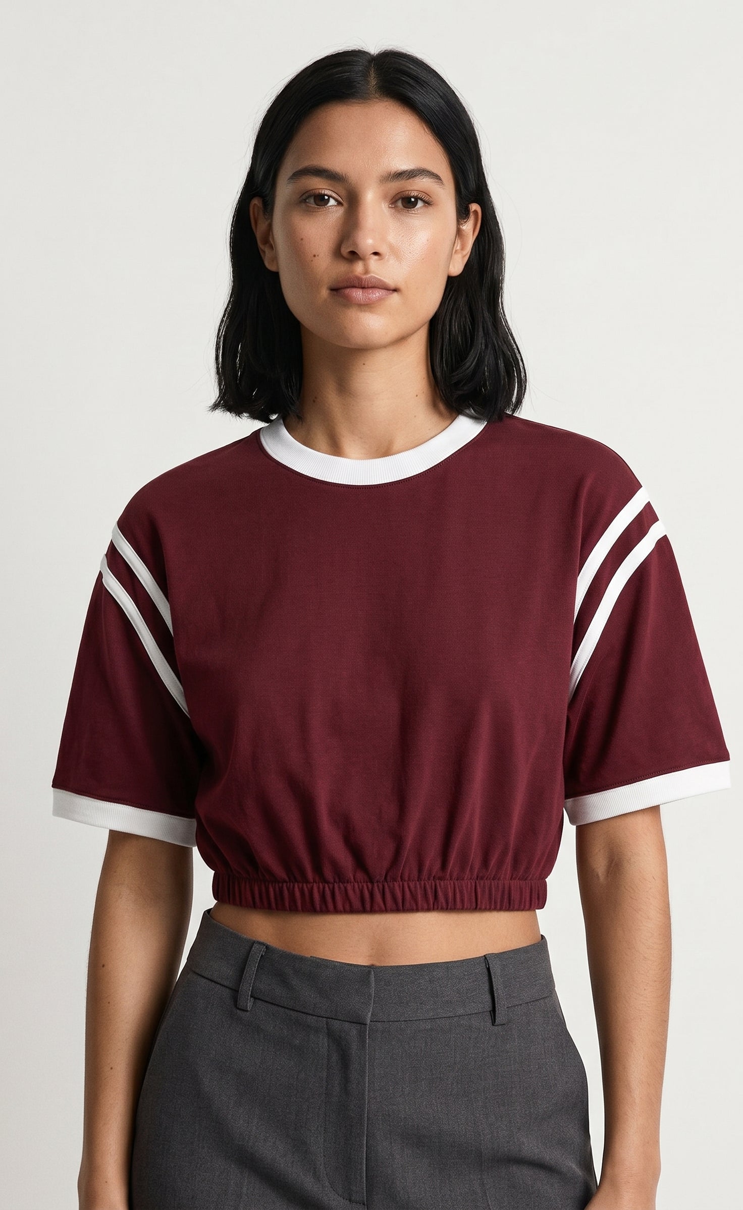 Contrast Stripe Cropped Tee | Maroon