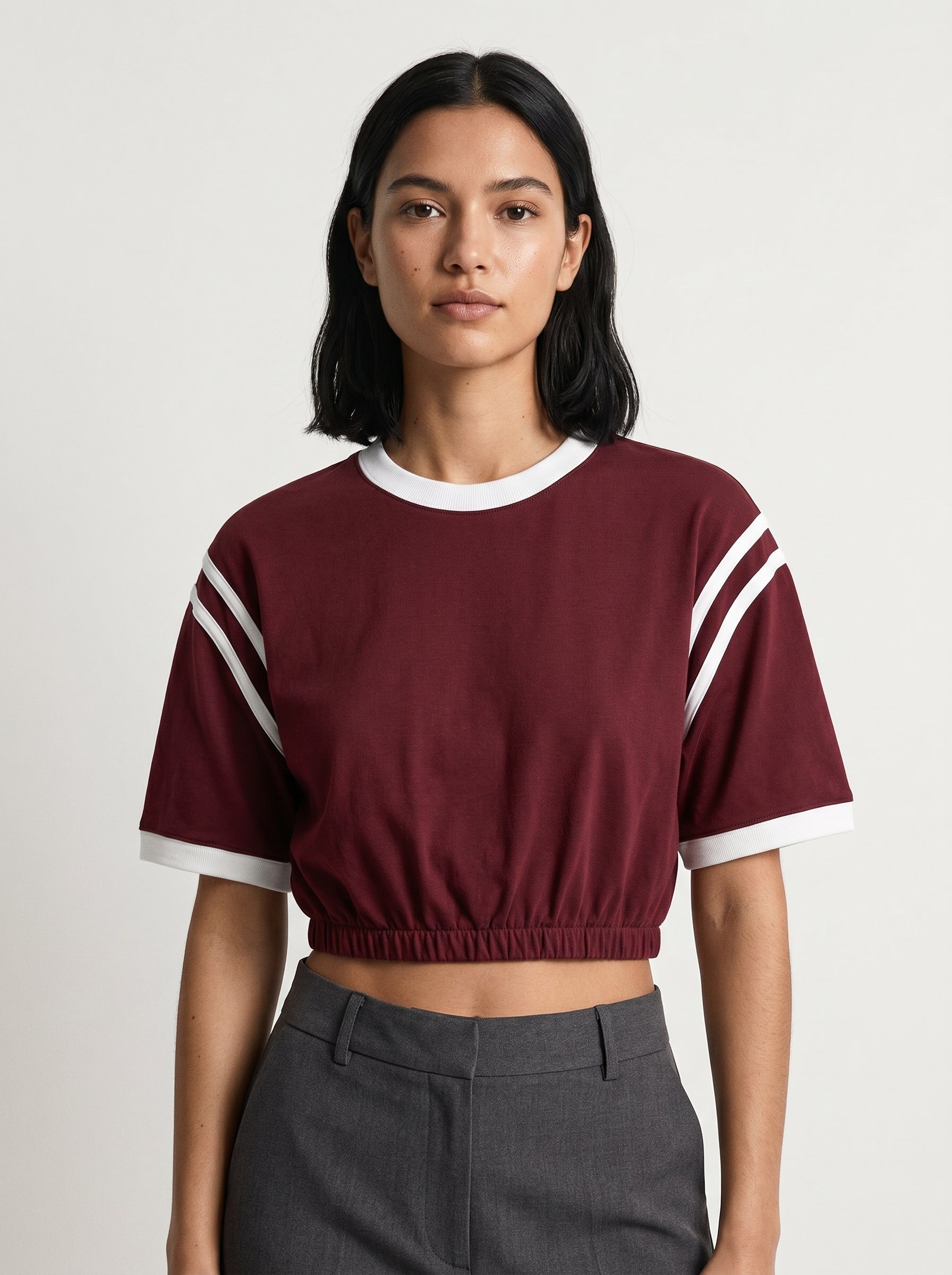 Contrast Stripe Cropped Tee | Maroon