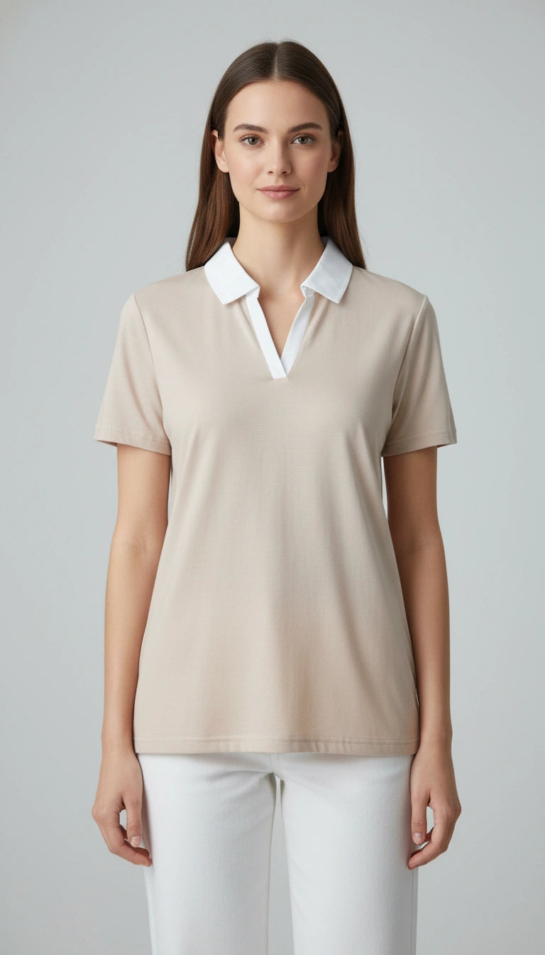 D600 Essential Contrast Collar Polo - Beige