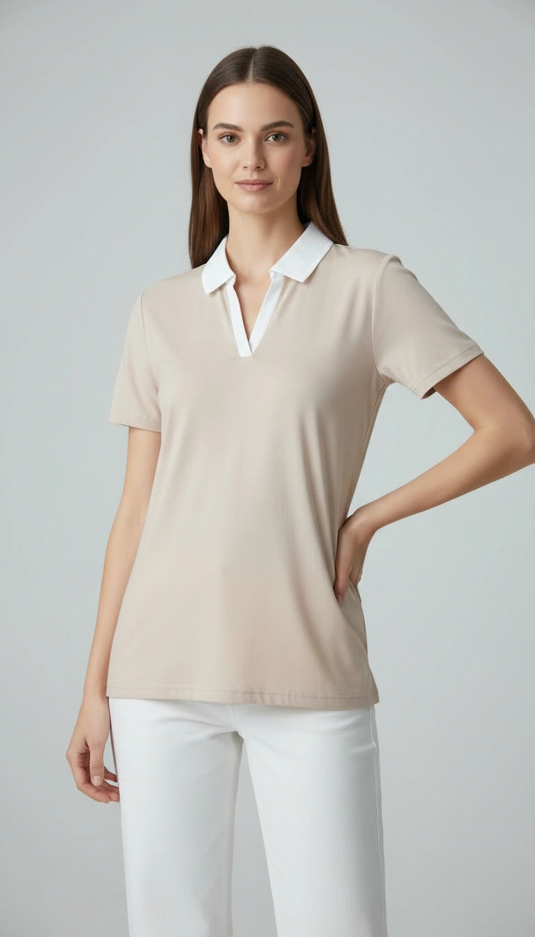 D600 Essential Contrast Collar Polo - Beige
