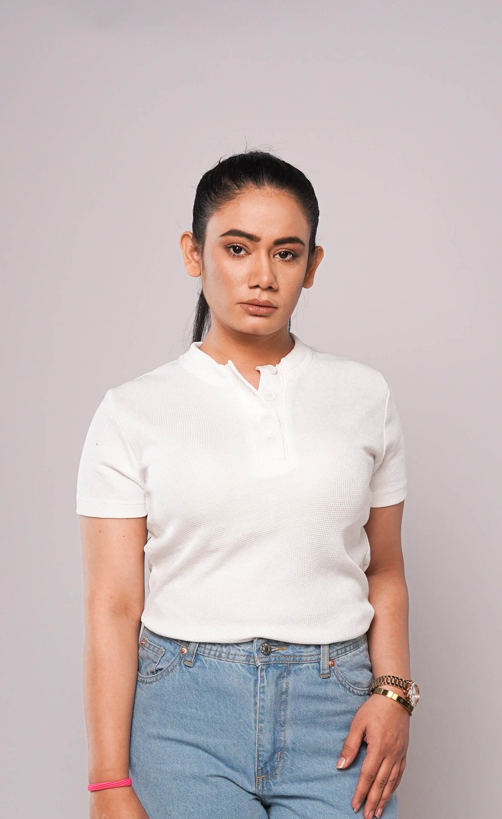 Band Collar Button Ribbed Knit TEE - White (Short Sleeves)