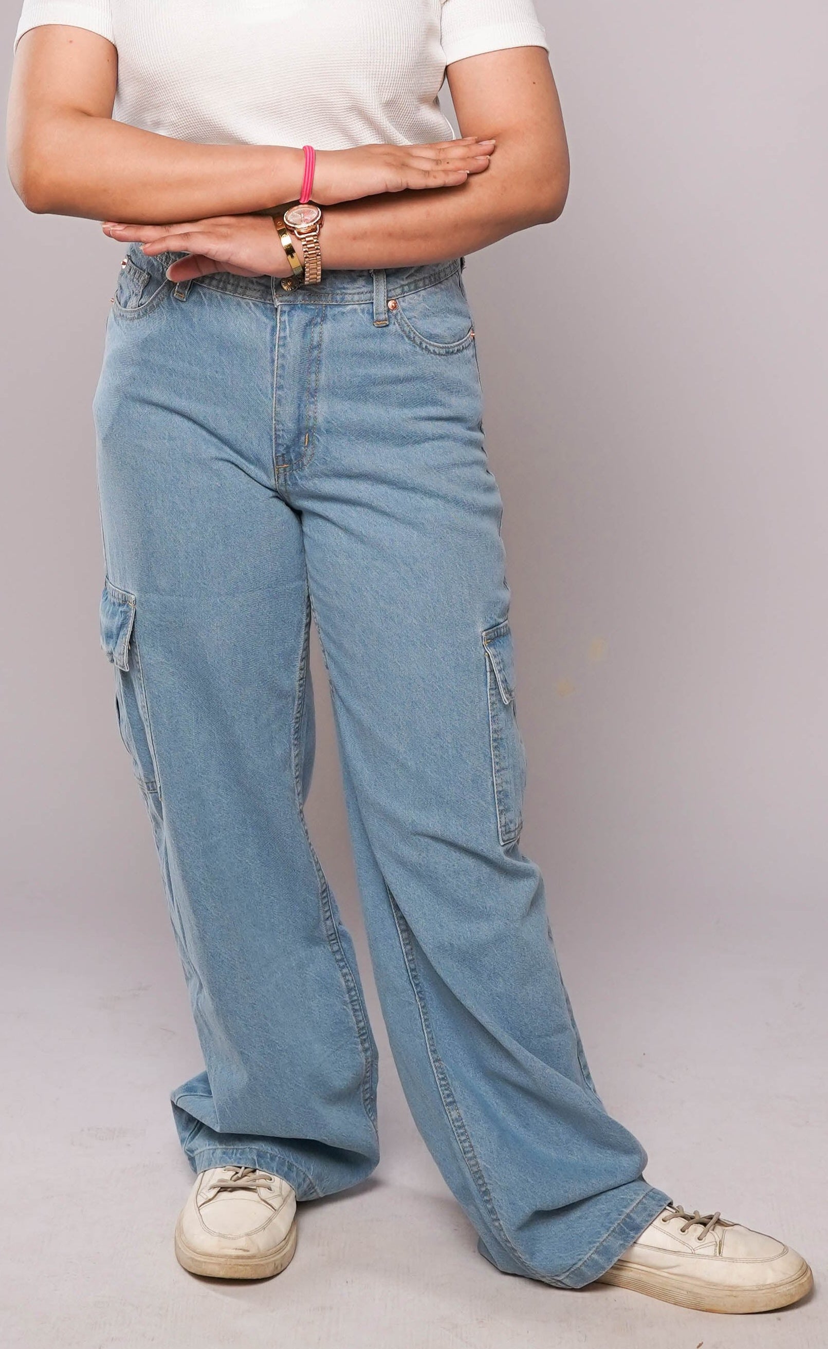 D600 - Ice Blue High Waist Wide Leg Cargo Jeans