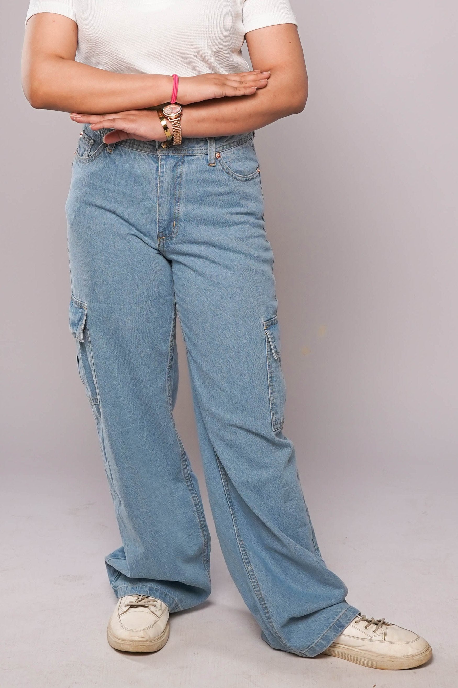 D600 - Ice Blue High Waist Wide Leg Cargo Jeans