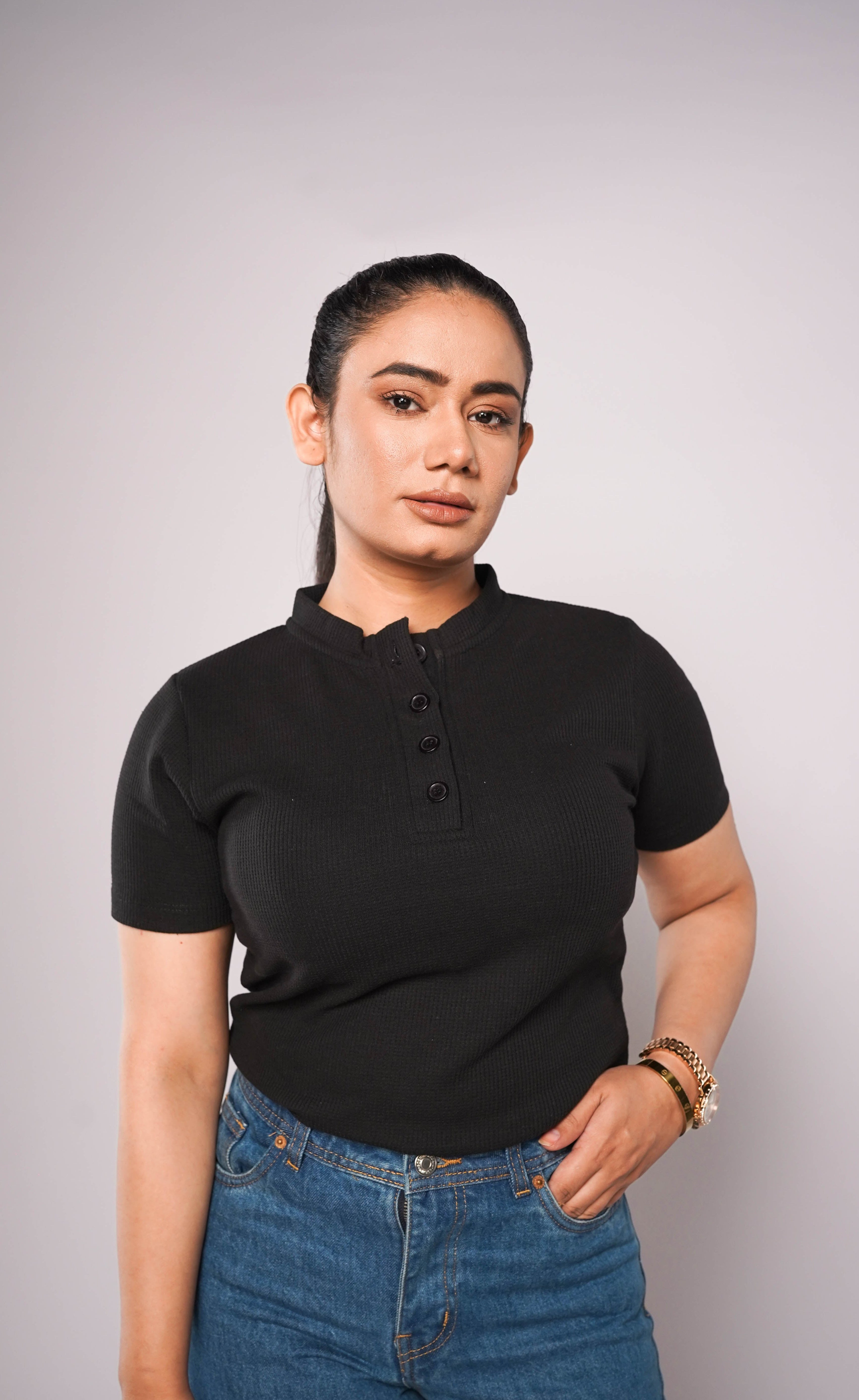 Band Collar Button Ribbed Knit TEE - Black (Short Sleeves)