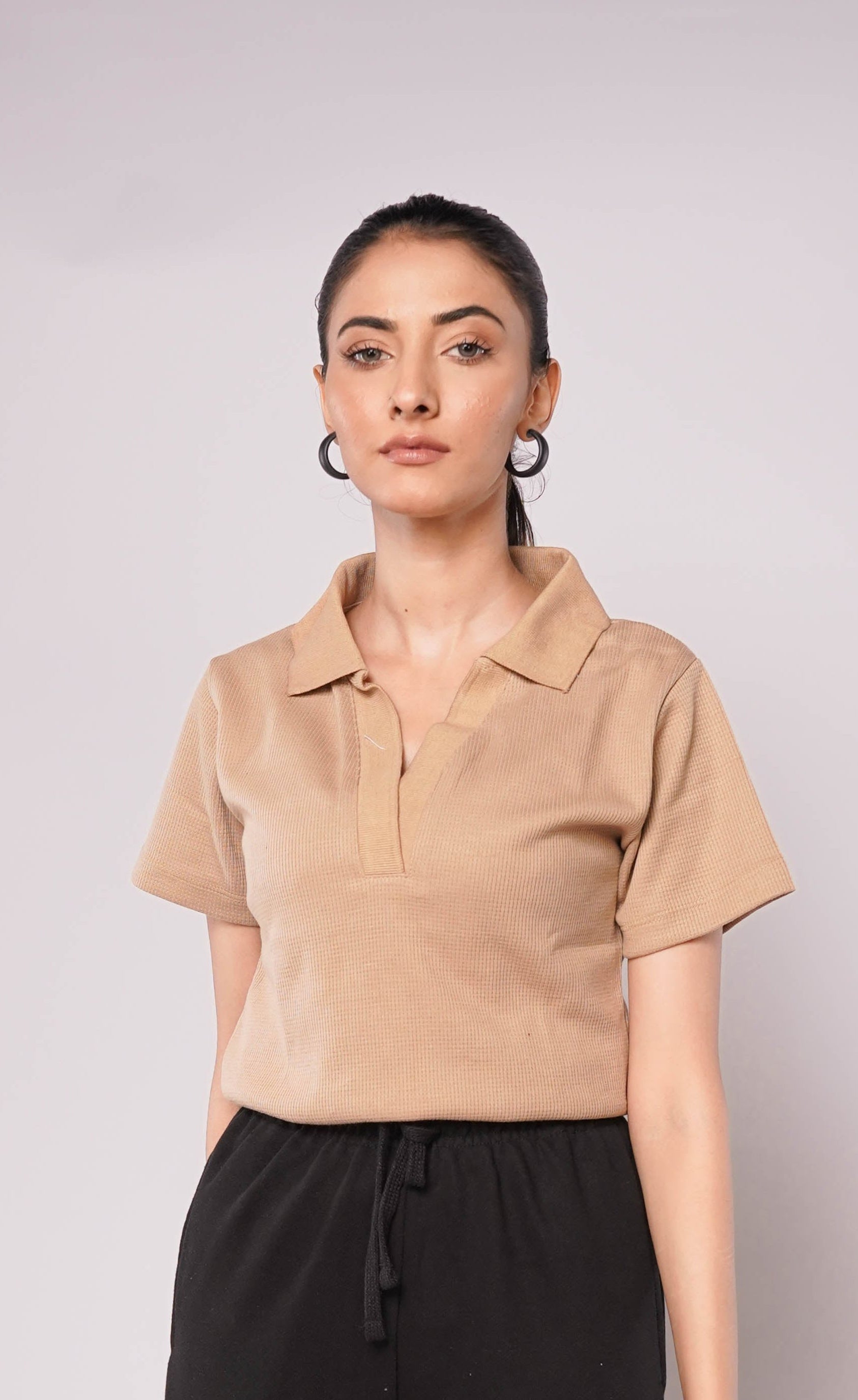 Johnny Collar Button Ribbed Knit Polo - Beige (Short Sleeves)