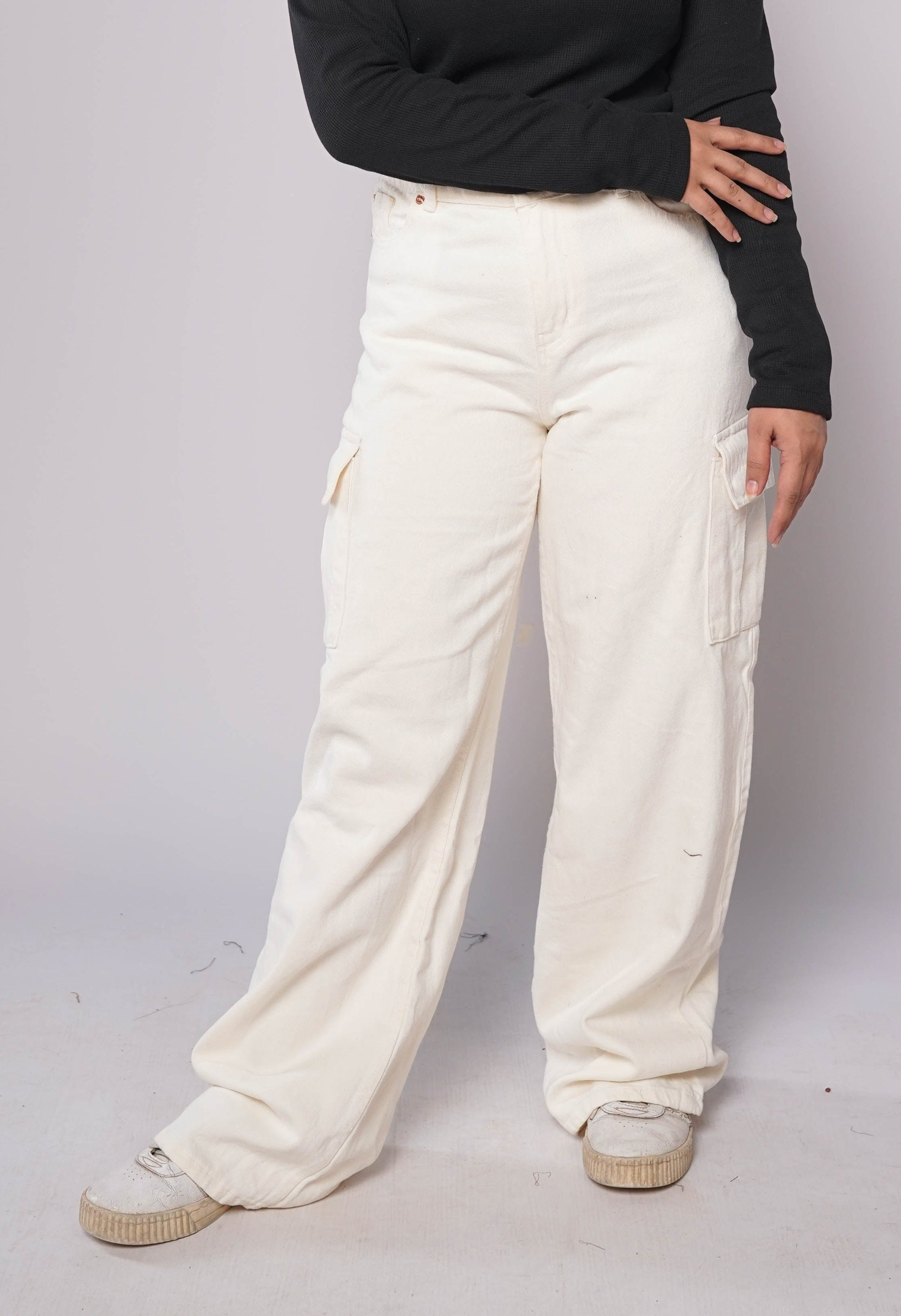 Zara Wide Leg Cargo Jeans - White