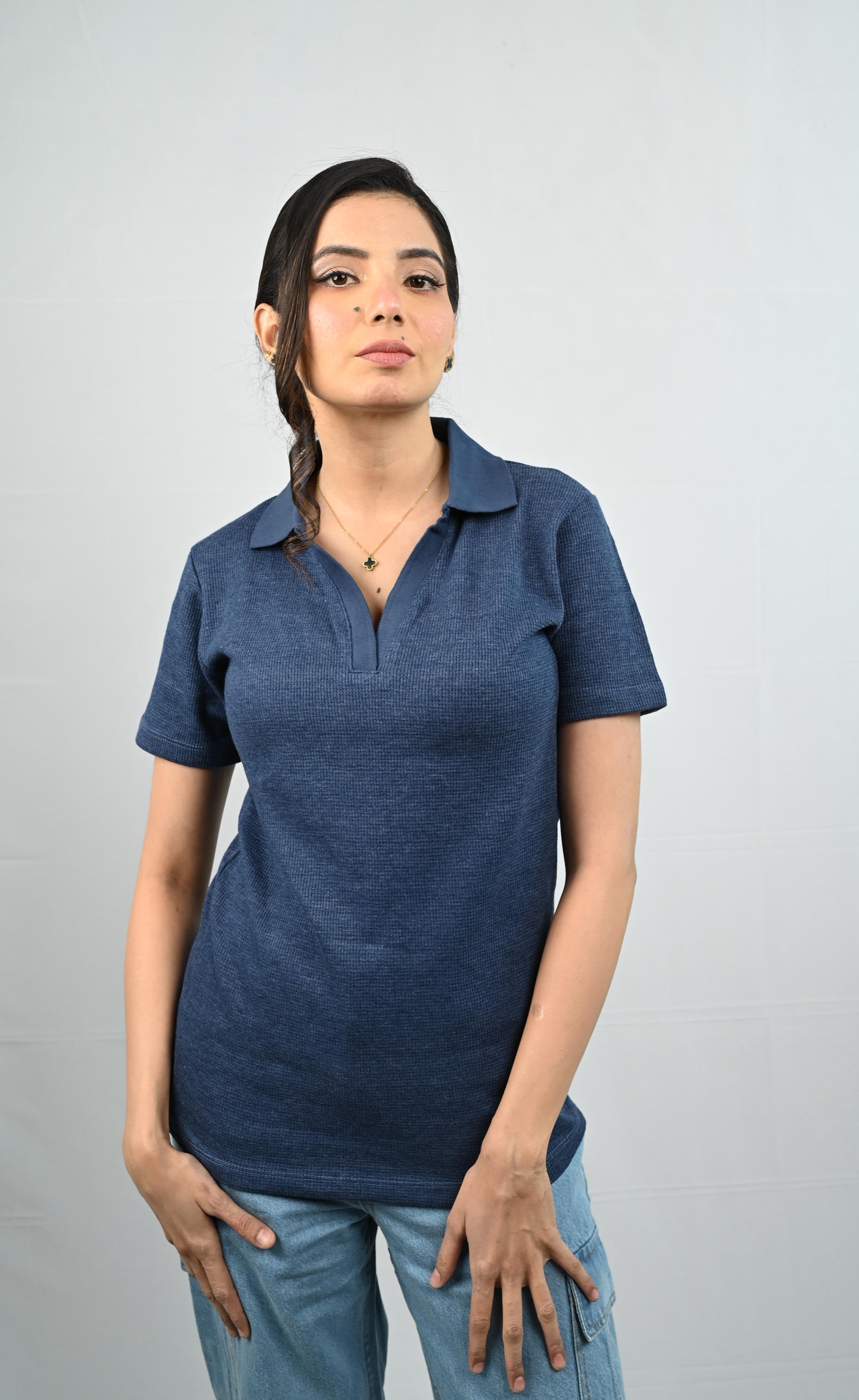 D600 Down Collar Ribbed Knit Polo Tee - Blue (Short Sleeves)
