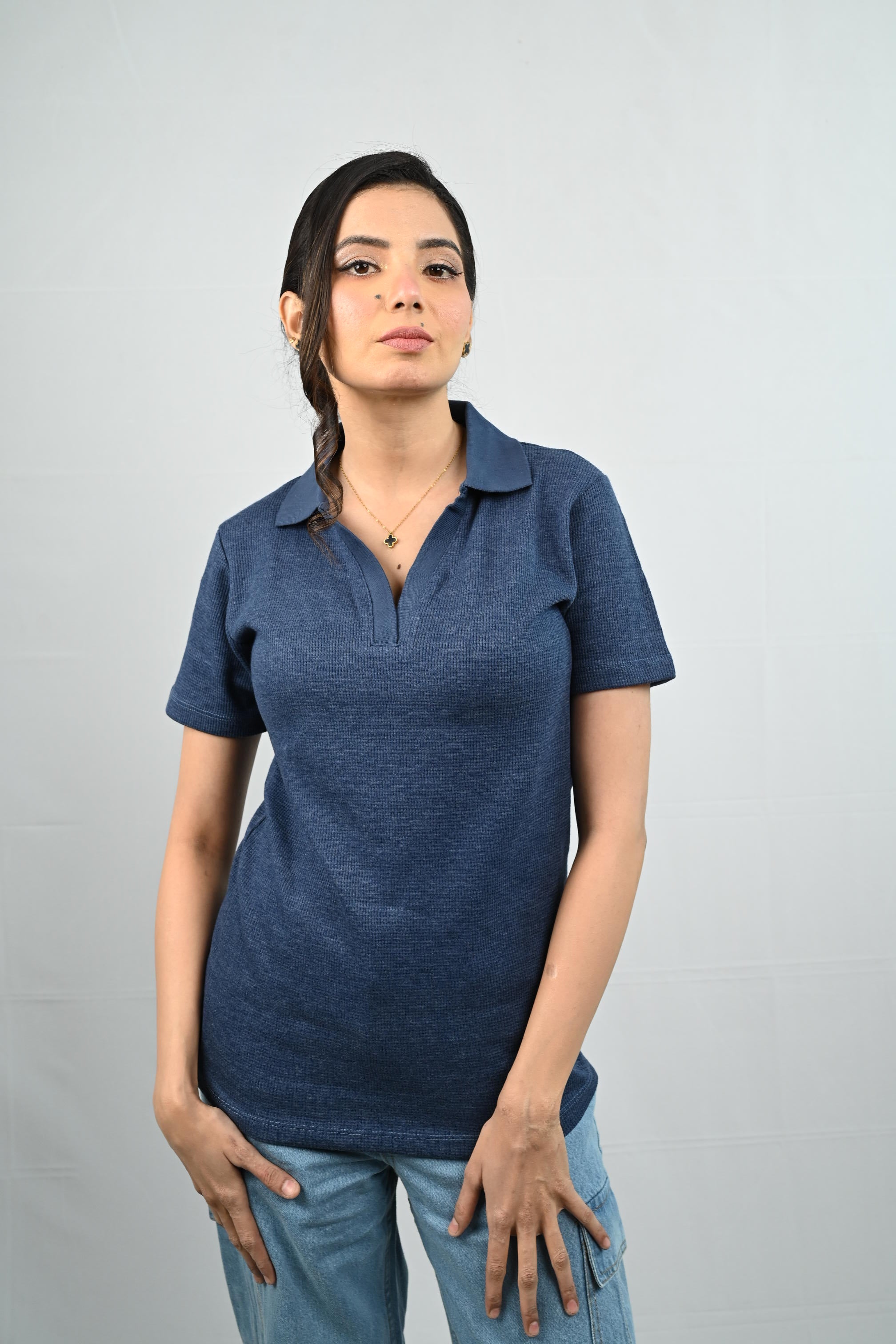 D600 Down Collar Ribbed Knit Polo Tee - Blue (Short Sleeves)