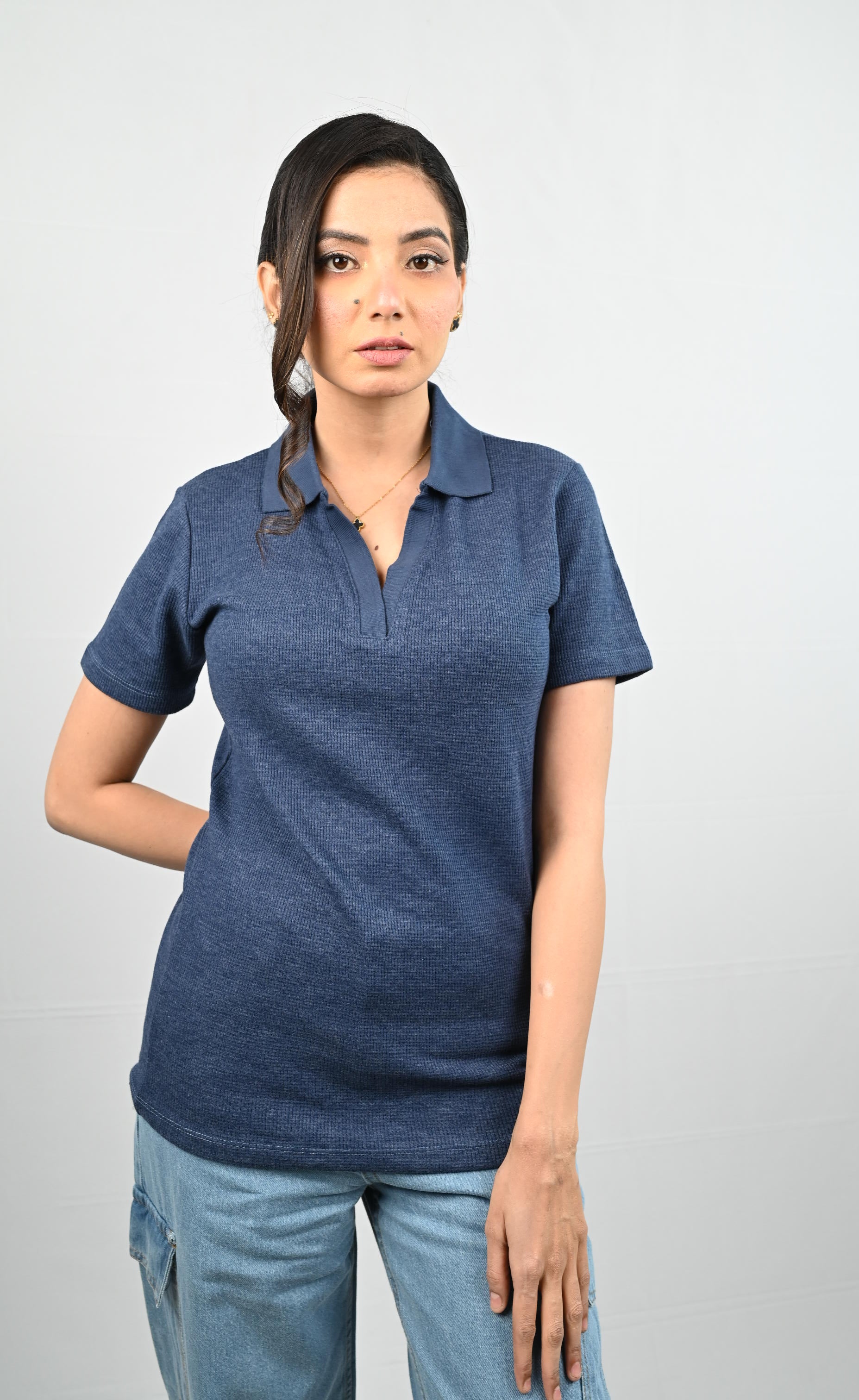 D600 Down Collar Ribbed Knit Polo Tee - Royal blue- (Short Sleeves)