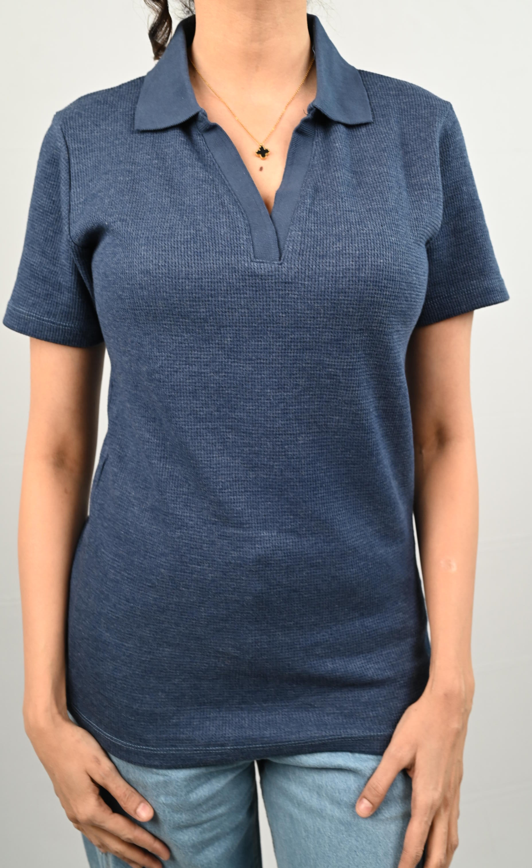 D600 Down Collar Ribbed Knit Polo Tee - Blue (Short Sleeves)